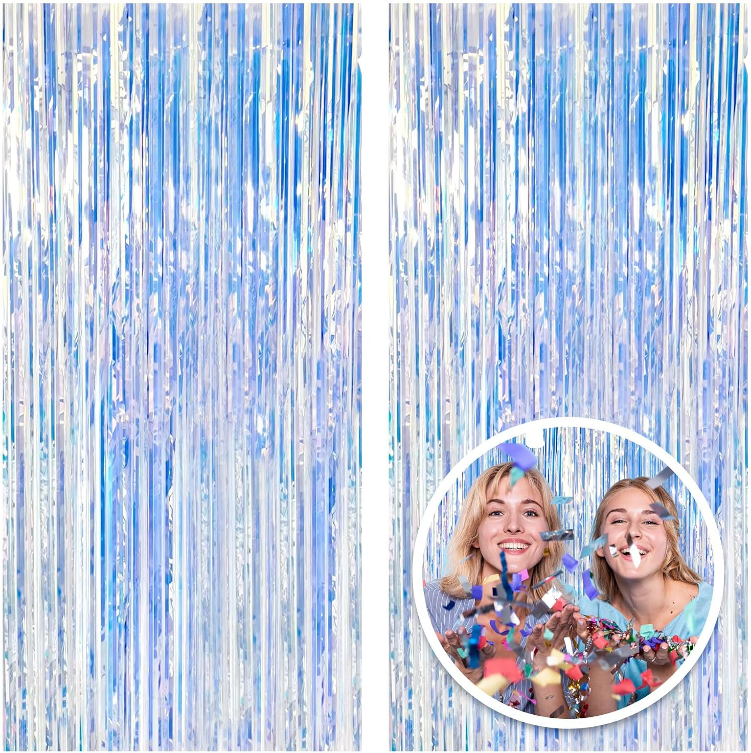 2 Pack Foil Curtain Backdrop Iridescent Metallic Tinsel Foil Fringe Curtains Pho