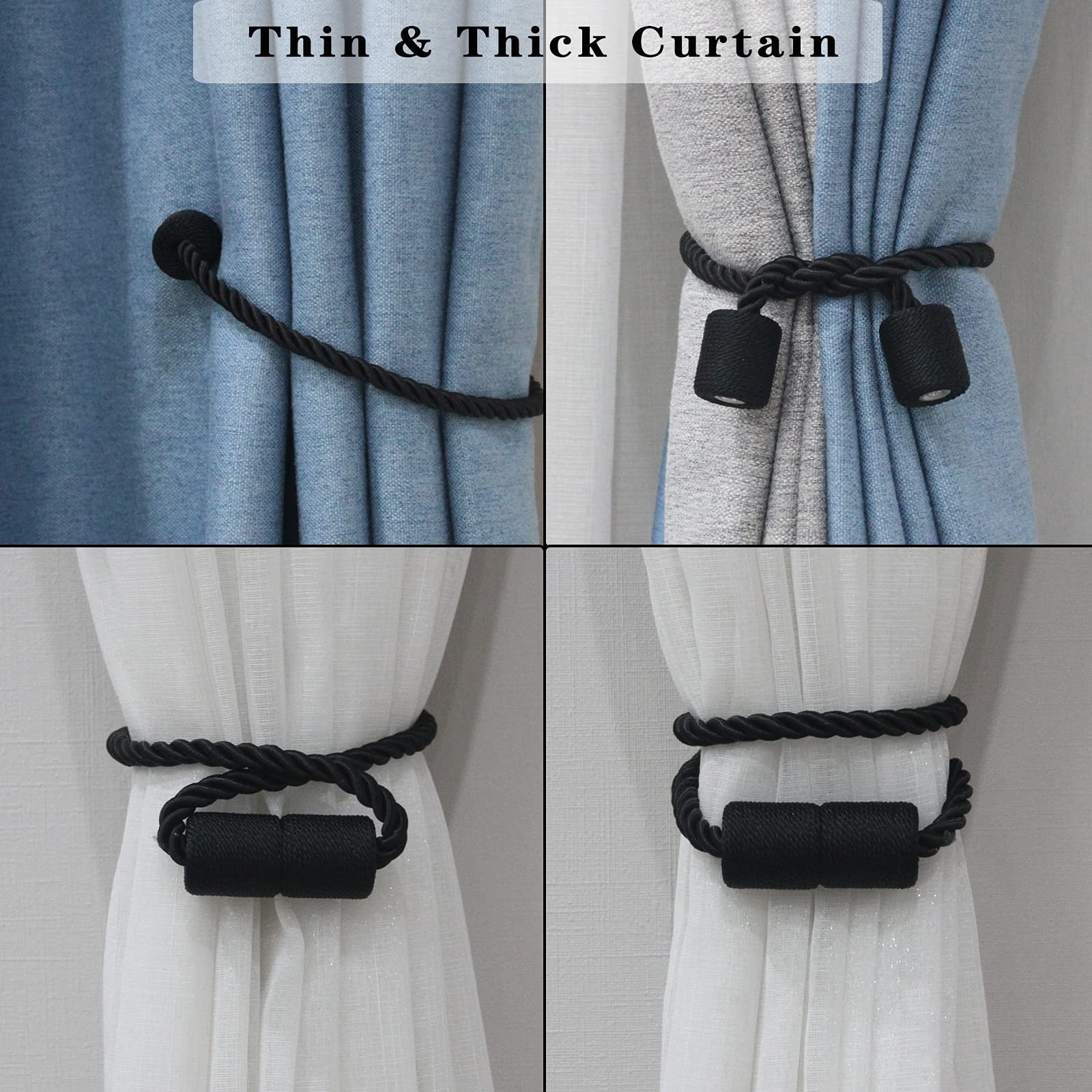 6 Pack Magnetic Curtain Tiebacks – Elegant Black Rope Holdbacks for Drapes & Win