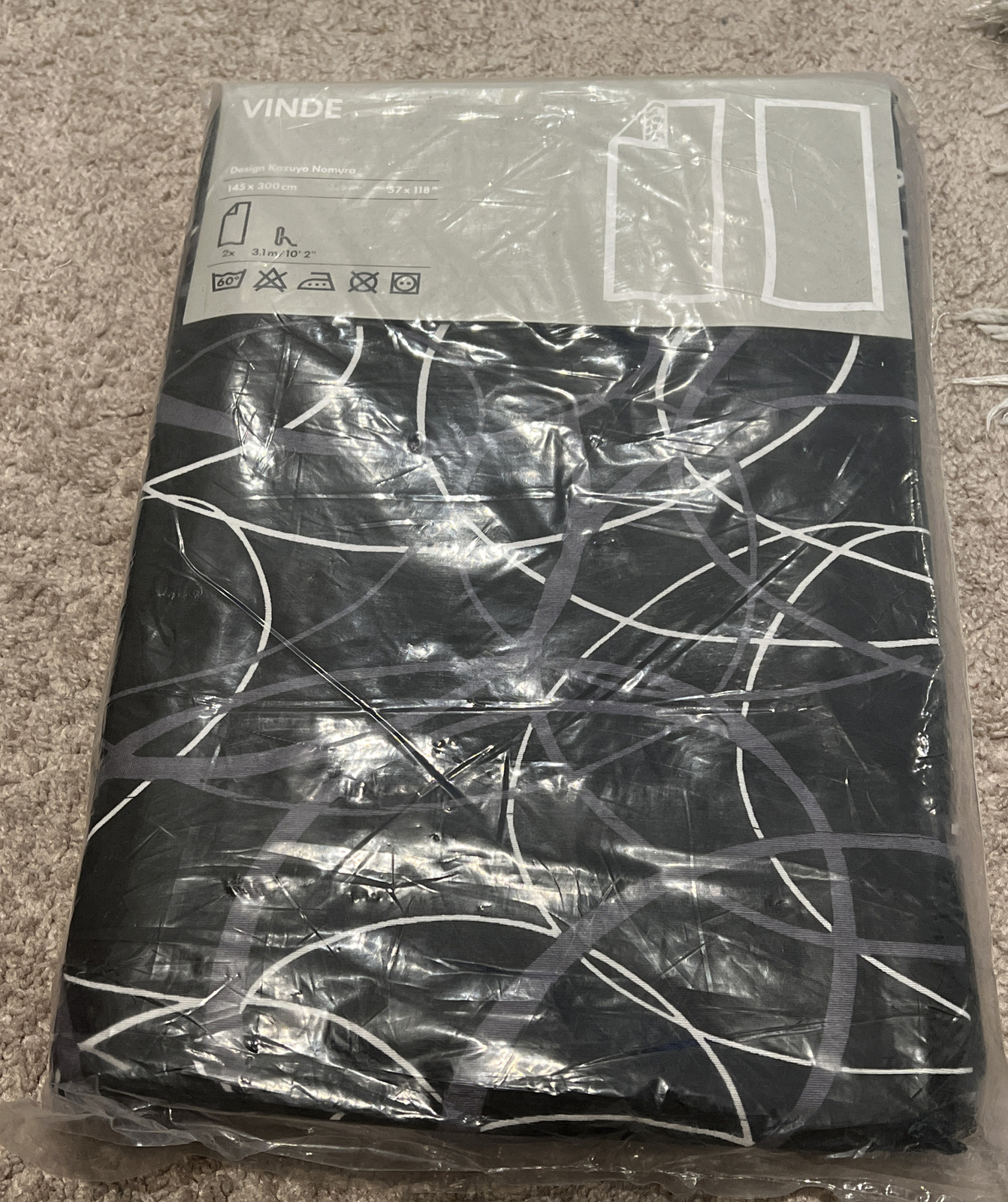 Ikea Vinde Drapes Curtains New Designed By Kazuyo Nomura. Black W/ White 57×118”