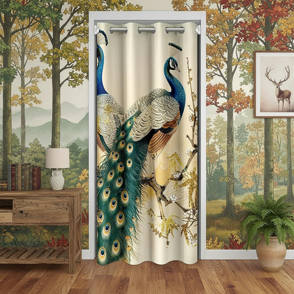 Vintage Peacock Door Curtain for Doorways Privacy Japanese Style Doorway Curtain