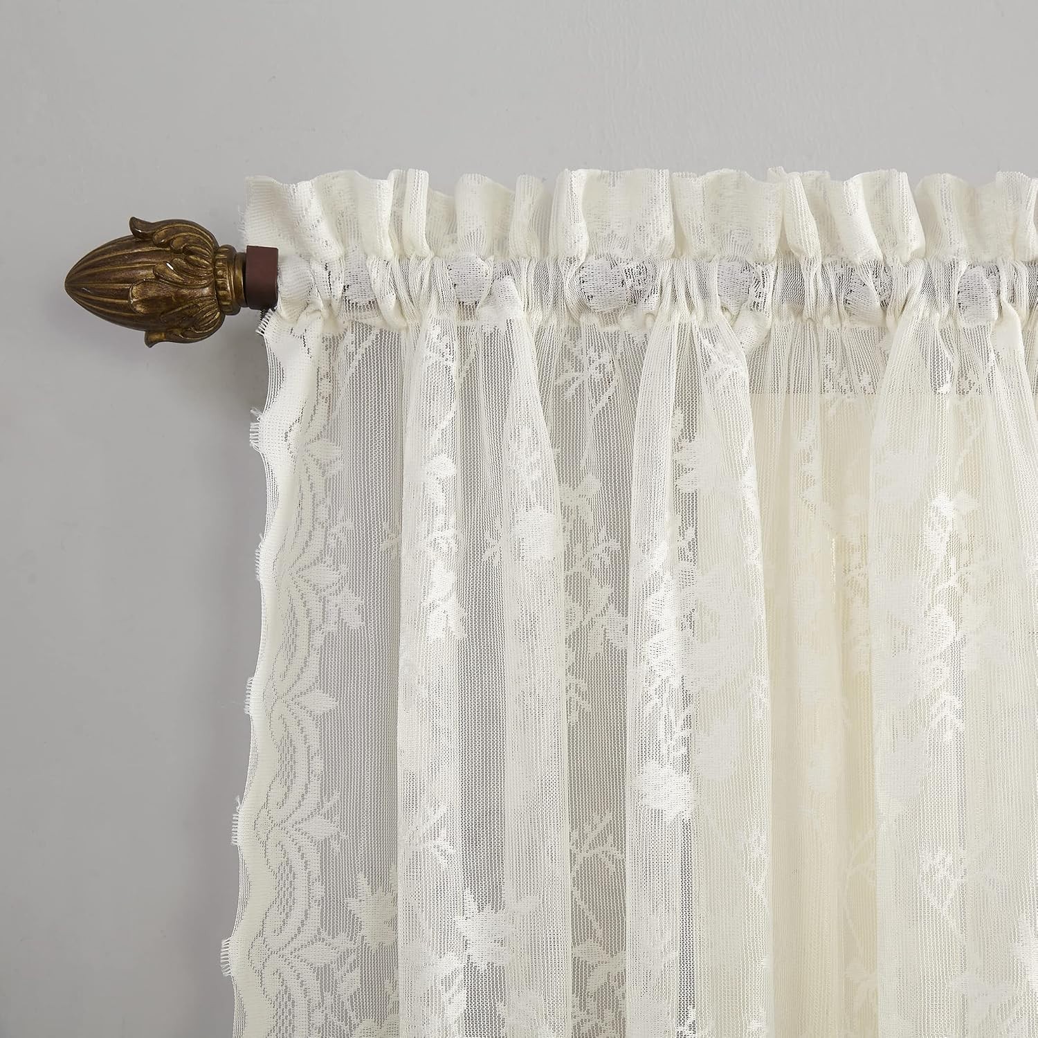 Ivory Floral Lace Sheer Curtain Pair, 58″ x 36″, Light Filtering Kitchen Drapes