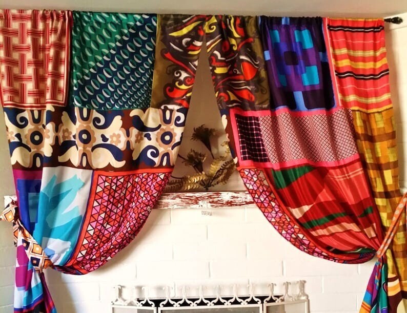 2 Pcs Recycle Patchwork Curtain Drape Window Decor Multi Silk Sari Curtain