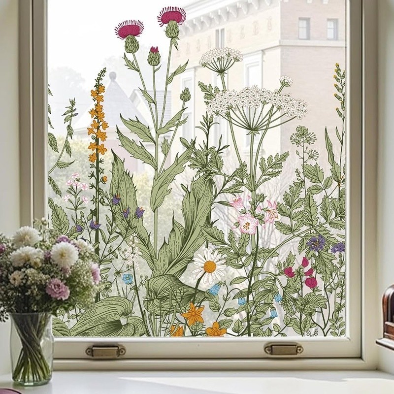 Vibrant Double-Sided Window Film Floral Decals Easy Application Home Decor New