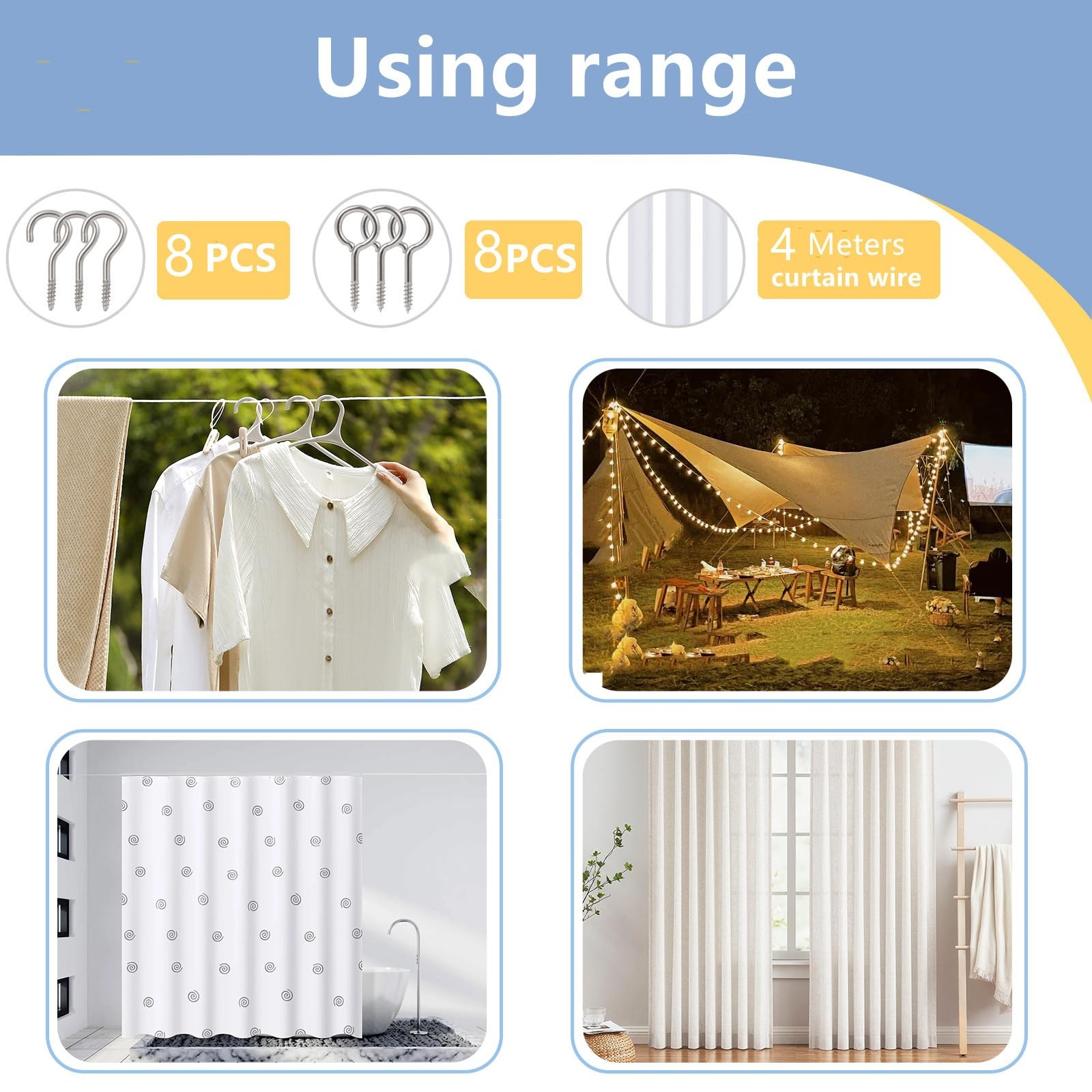 White Curtain Wire Plastic Coated Window Picture Hanging Wire with 8 Pairs of…