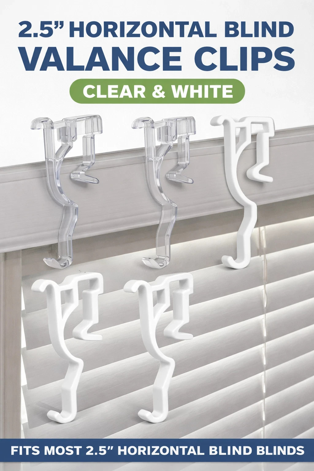 2.5″ Blind Valance Clips – Snap-In Replacement Retainers – Clear or White