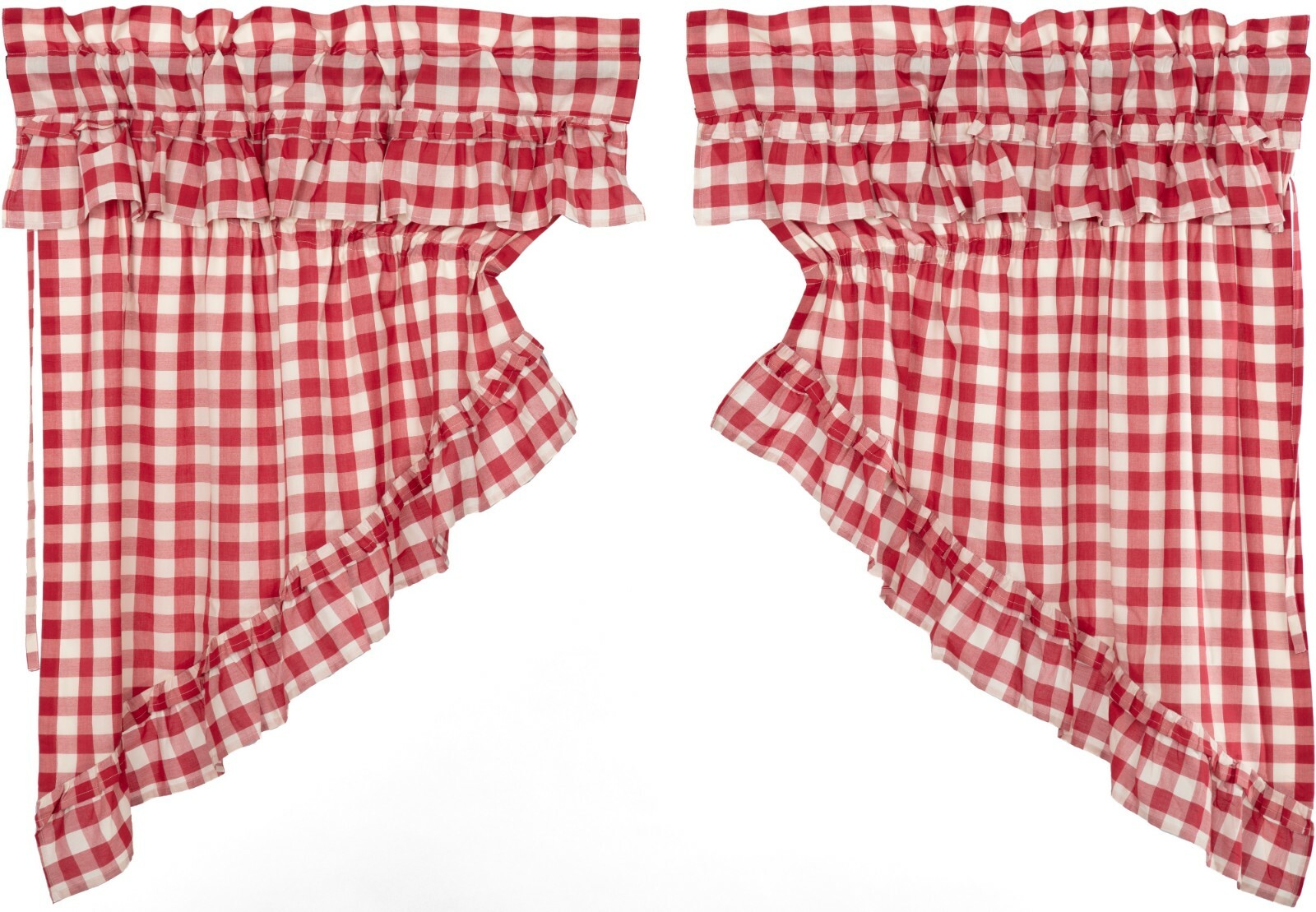 36”L Drawstring Ruffled Country Prairie Swag Set Red Annie Buffalo Check Cotton