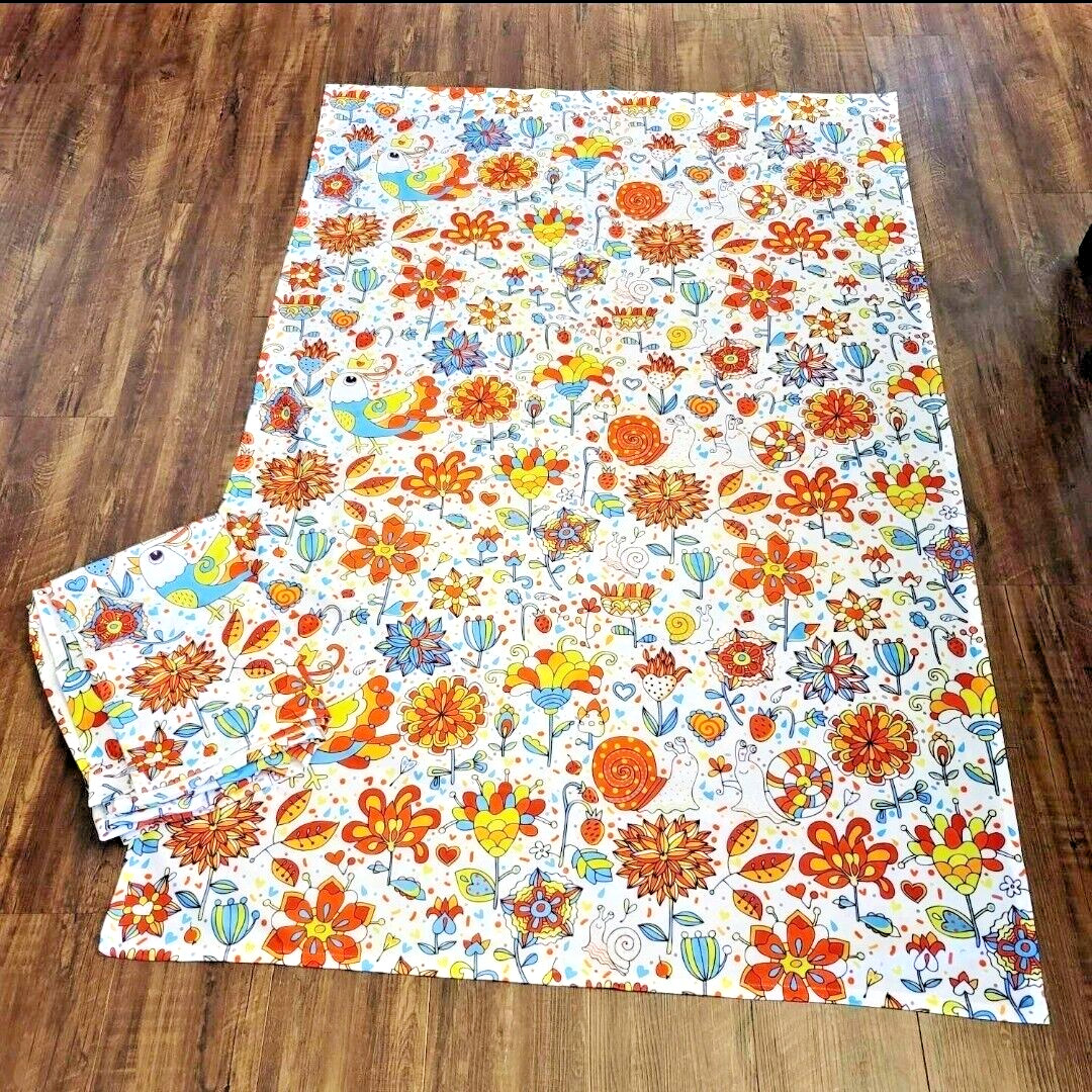 2 Curtain Panels. Whimsical Flowers & Birds. 63″x42″ Rod Pocket. Unbranded.