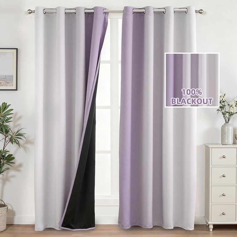 100% Blackout Ombre Curtains Set Thermal Insulated Noise Reducing Grommet Panels