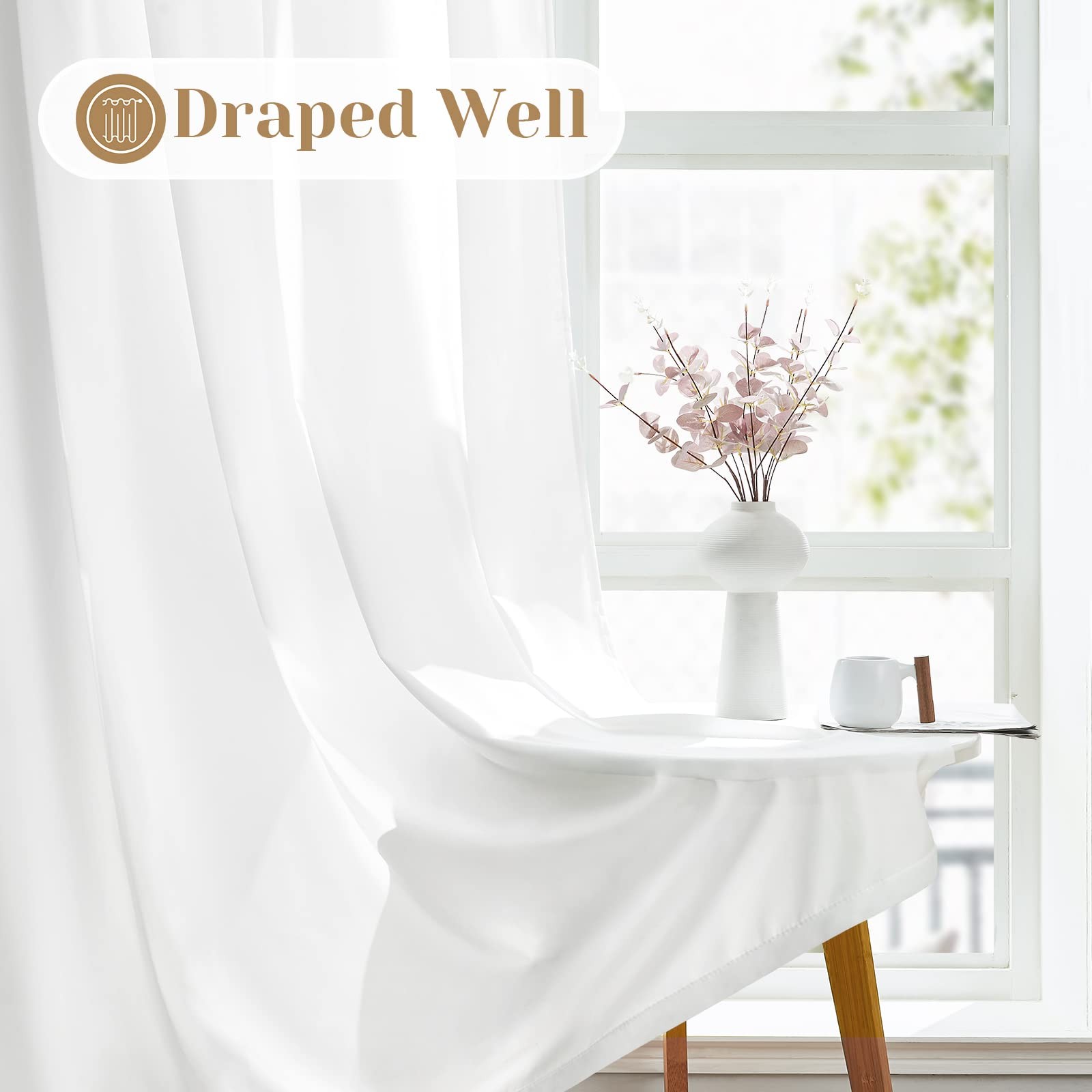 Non-See-Through White Privacy Sheer Curtains, 52 X 72 Inches Long 2 Panels Sh…