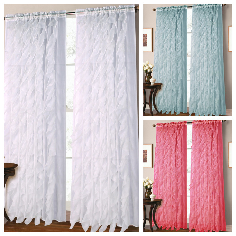 2PC SHEER CRUSHED VERTICAL RUFFLE WINDOW DRESSING CURTAIN PANEL CASCADE DRAPES