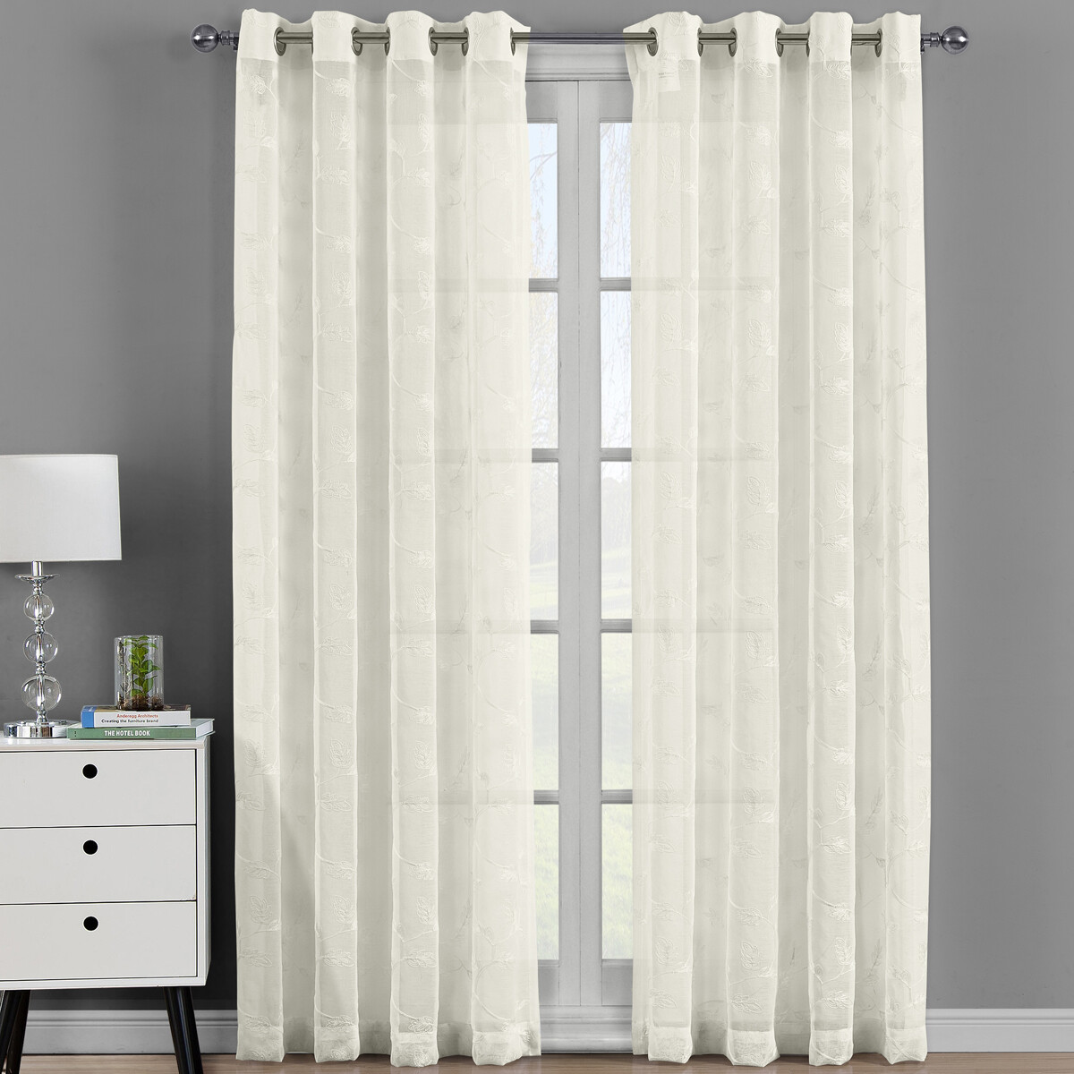 Pair (Set of 2) Brook Embroidered Grommet Top Sheer Panel Curtain Sets