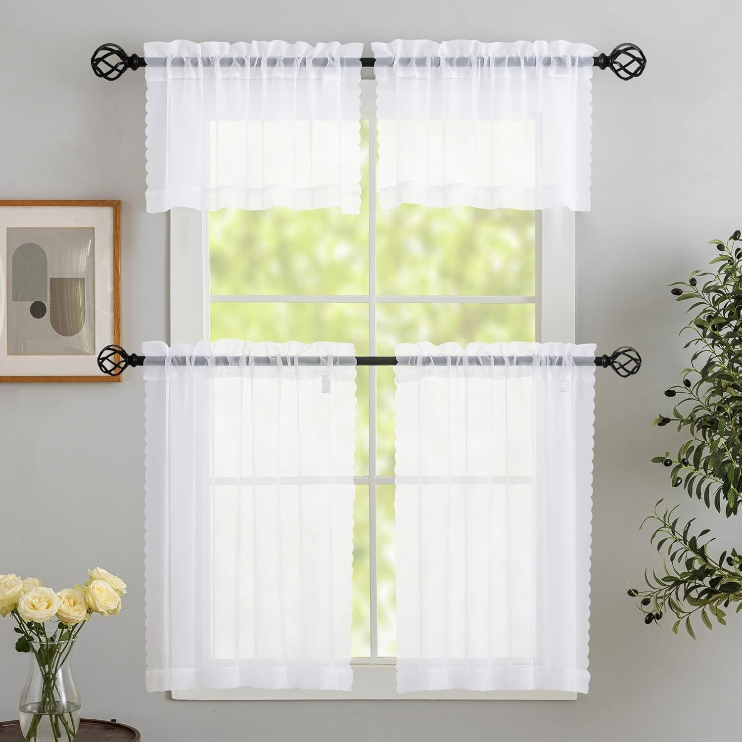 White Sheer Kitchen Curtains 36 inch Length 2 Panels, Light Filtering Voile R…