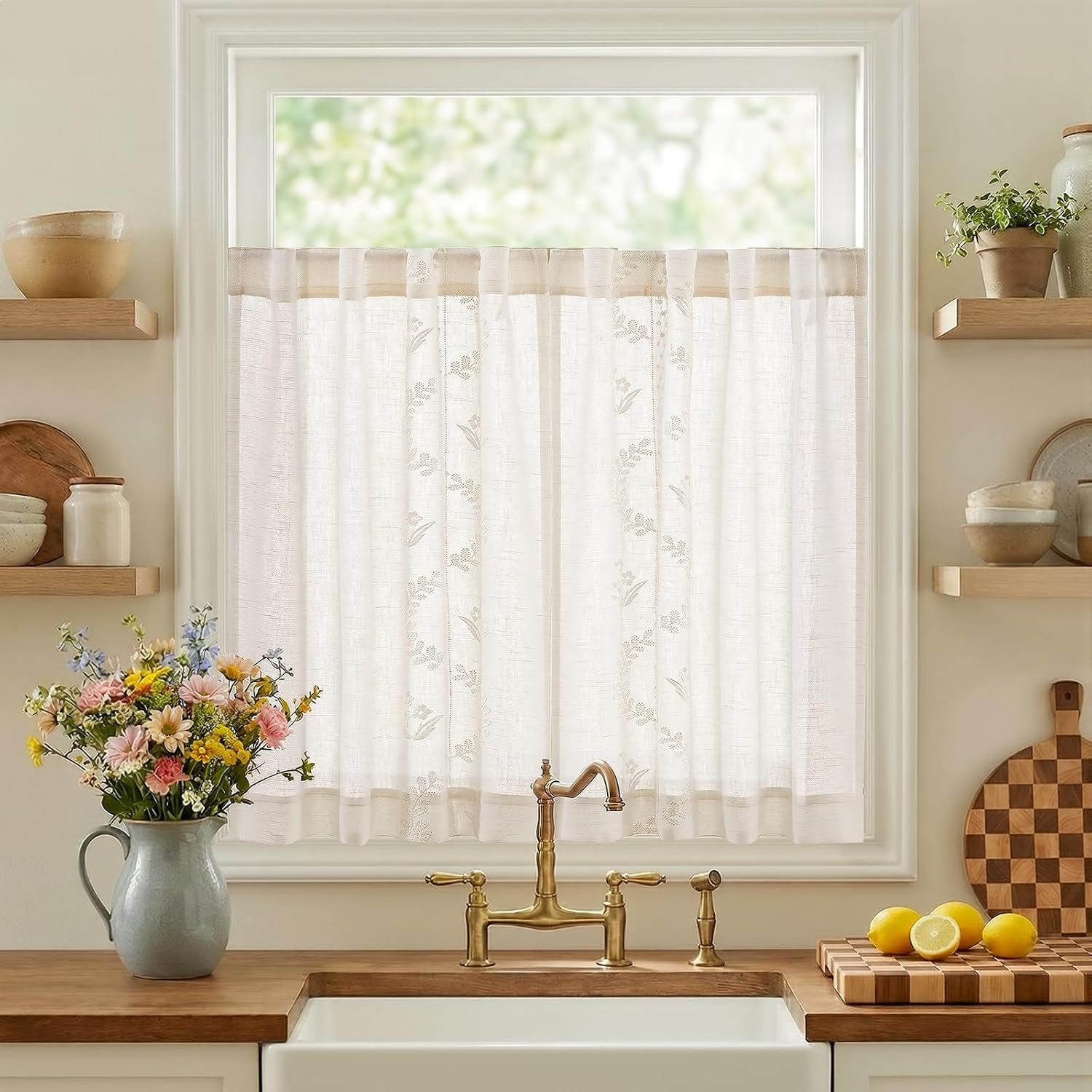 jinchan Belrose Linen Floral Kitchen Curtains 36 inch Length Embroidered Farmhou