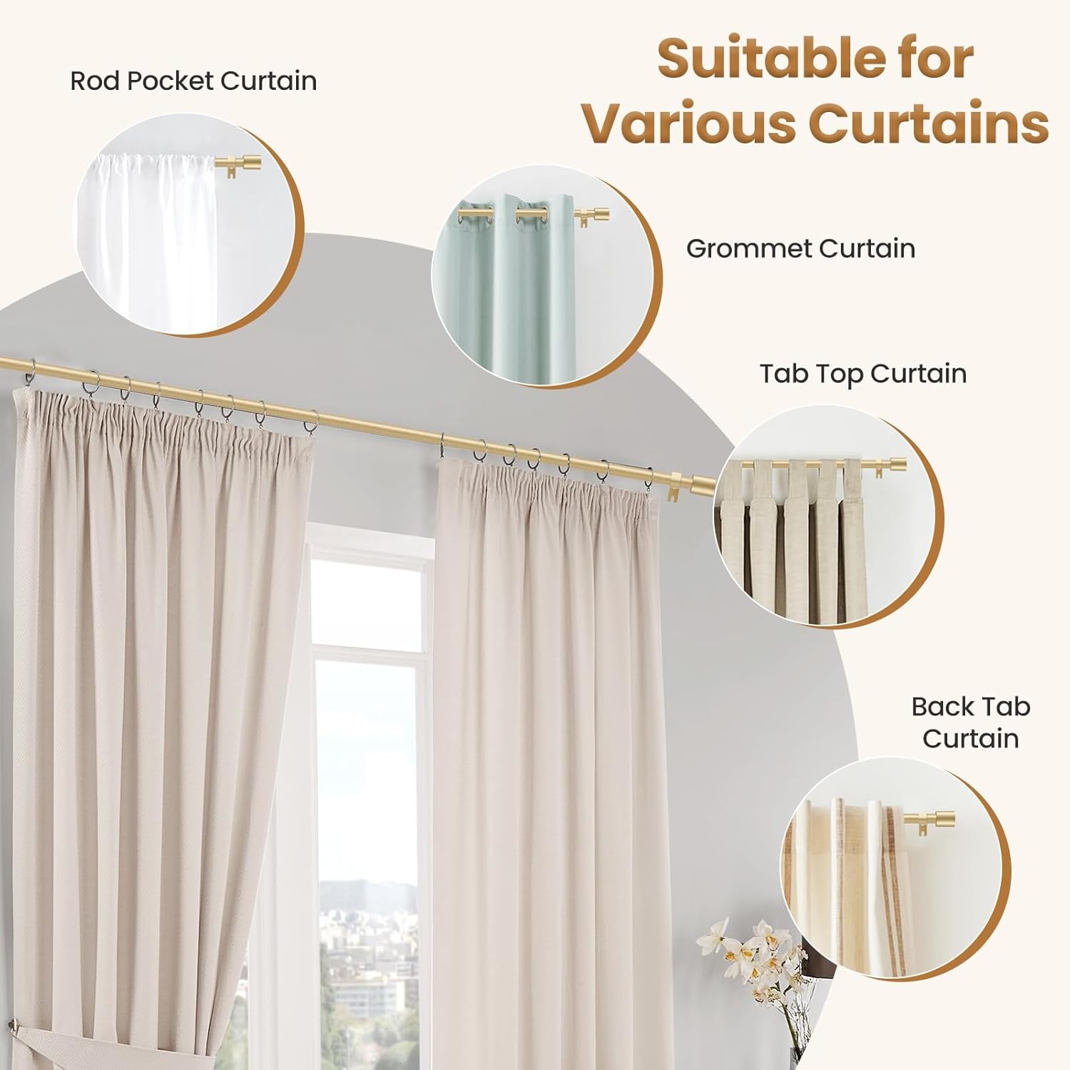 Gold Curtain Rod for Windows 28 to 48 Inch, 5/8 Inch Splice Adjustable Curtain