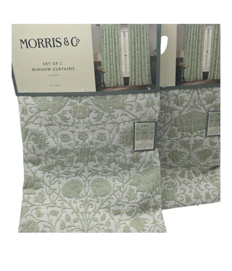 WILLIAM MORRIS Co 2Set/4 Panels Embossed Lodden Green Floral Curtains 37×96 NEW