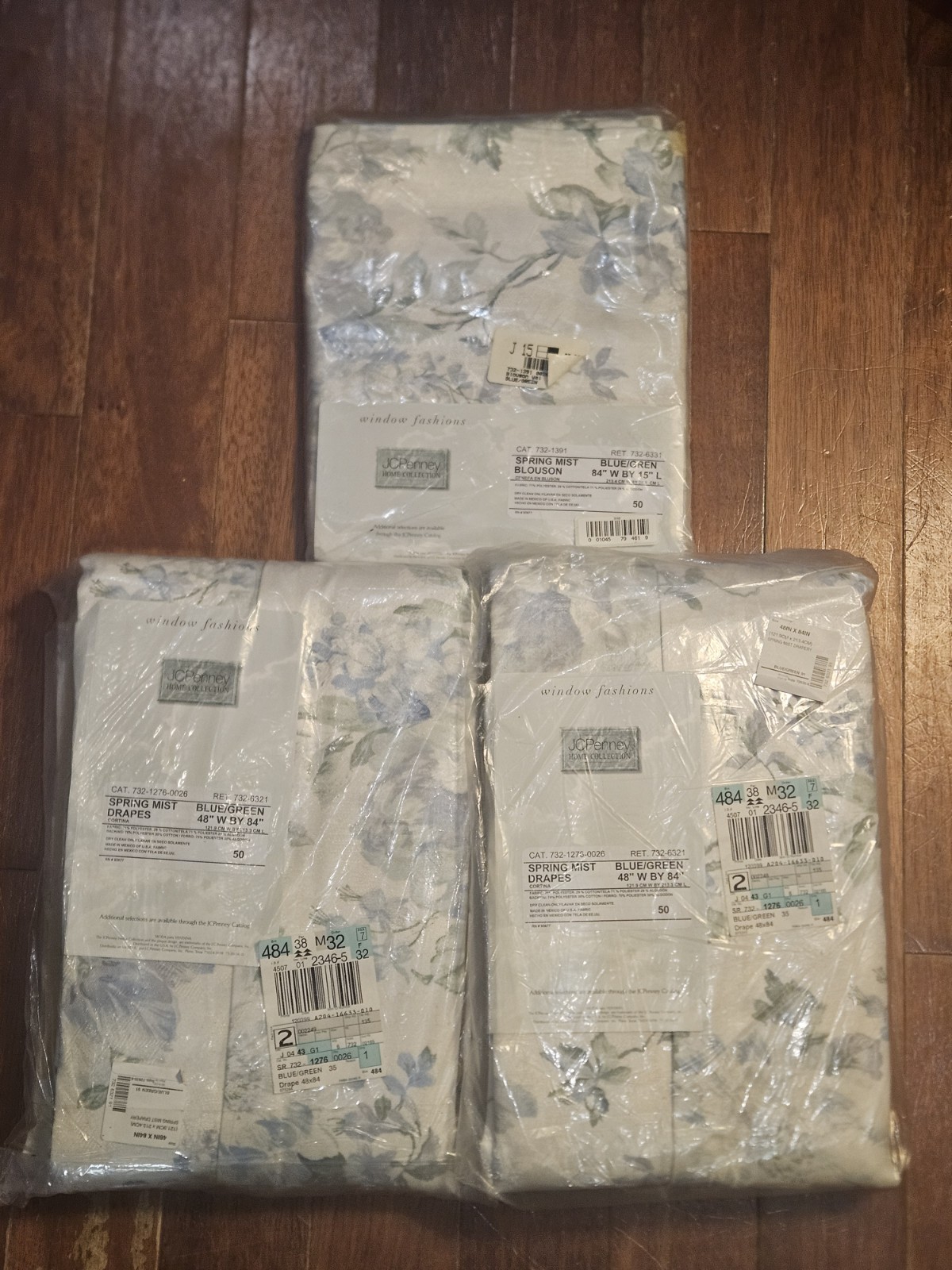 Vtg JCPenney Set Spring Mist 2 Set Curtain Panels 48″W x 84″ L W/Blouson Valance