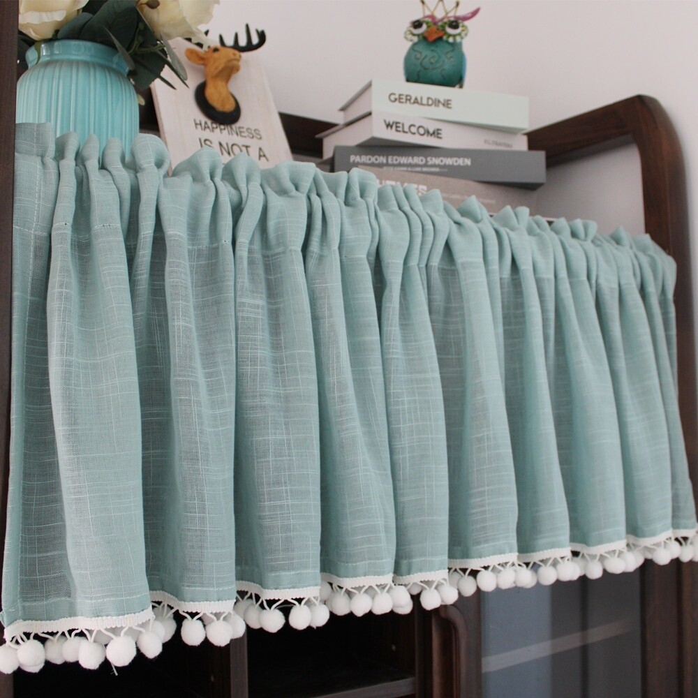 Ruffled Cafe Curtain Pompoms Balls Trim Home Kitchen Half Curtains Village Decor