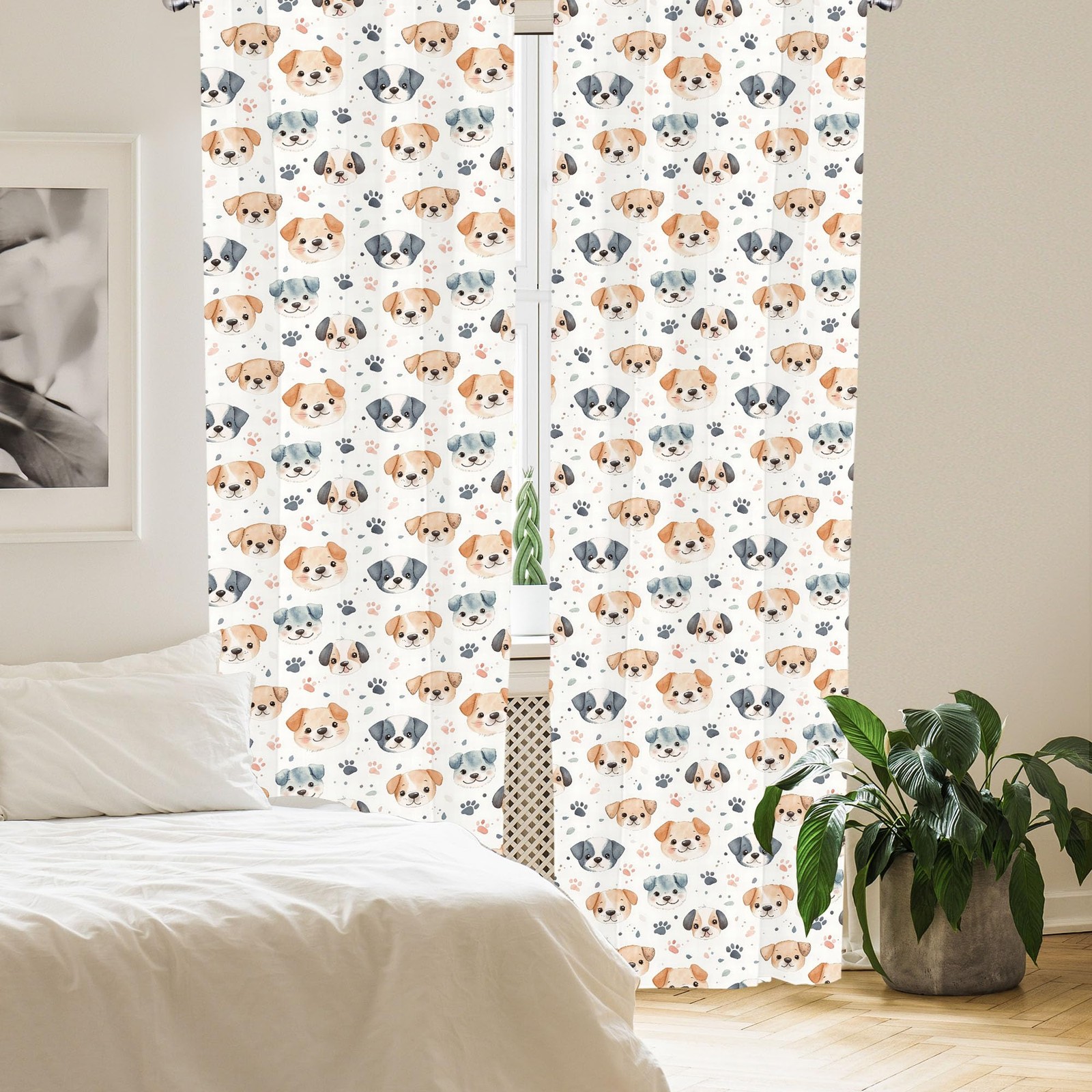 Puppy Window Curtains, Cartoon Pattern of Animal Love Dog with Paws Dots Past…
