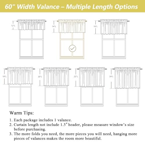 Valances for Windows, Light Filtering Faux 60″W x 14″L (Pack of 1) Linen