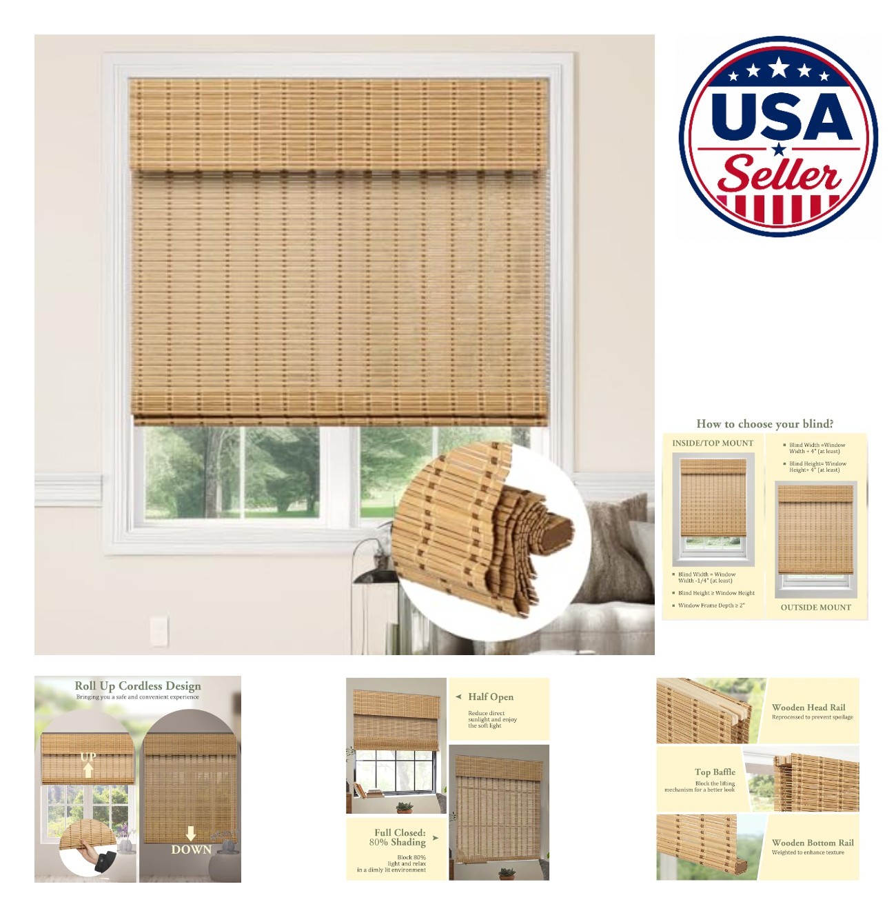 Cordless Bamboo Roman Shade 36 x 64 Light Filtering Natural Roll Up Blinds for