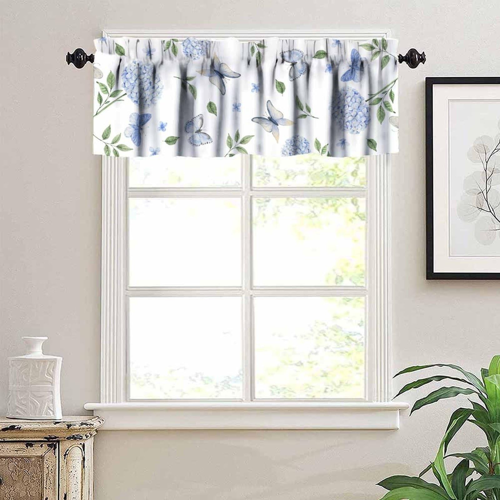 Spring Hydrangea Valance Curtain, Rustic Summer Blue Moth Butterfly Flowers G…