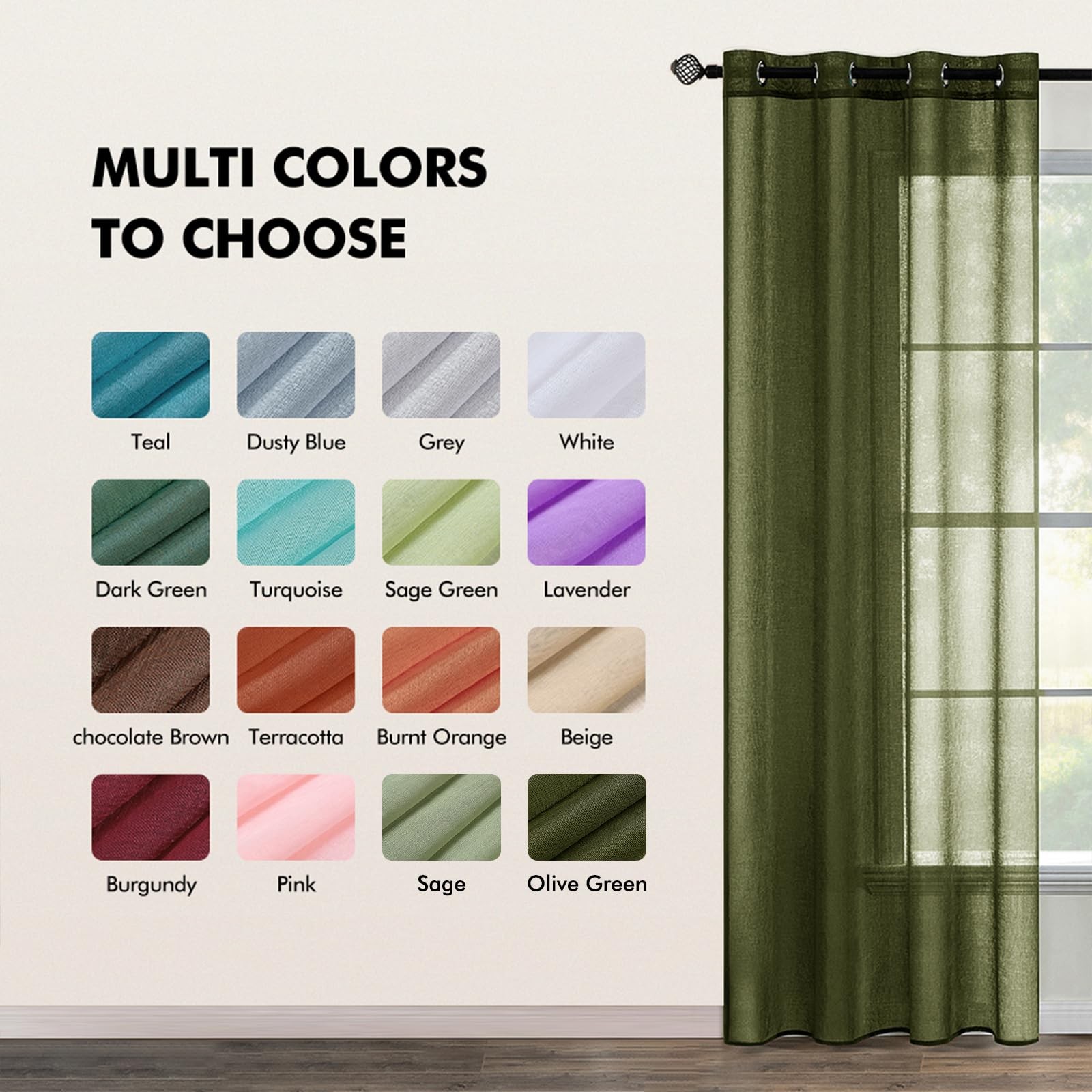 2 Panels Semi Sheer Window Curtains 54″W x 84″L (Pack of 2) Olive Green