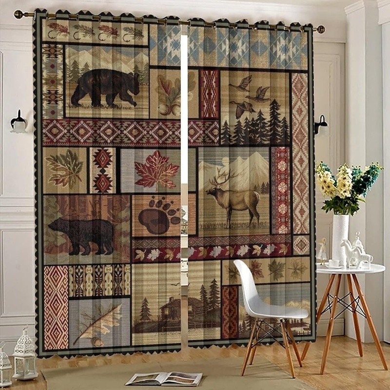 Blackout Curtains Grommet Panels Soft Polyester Deer Bear Print Room Darkening