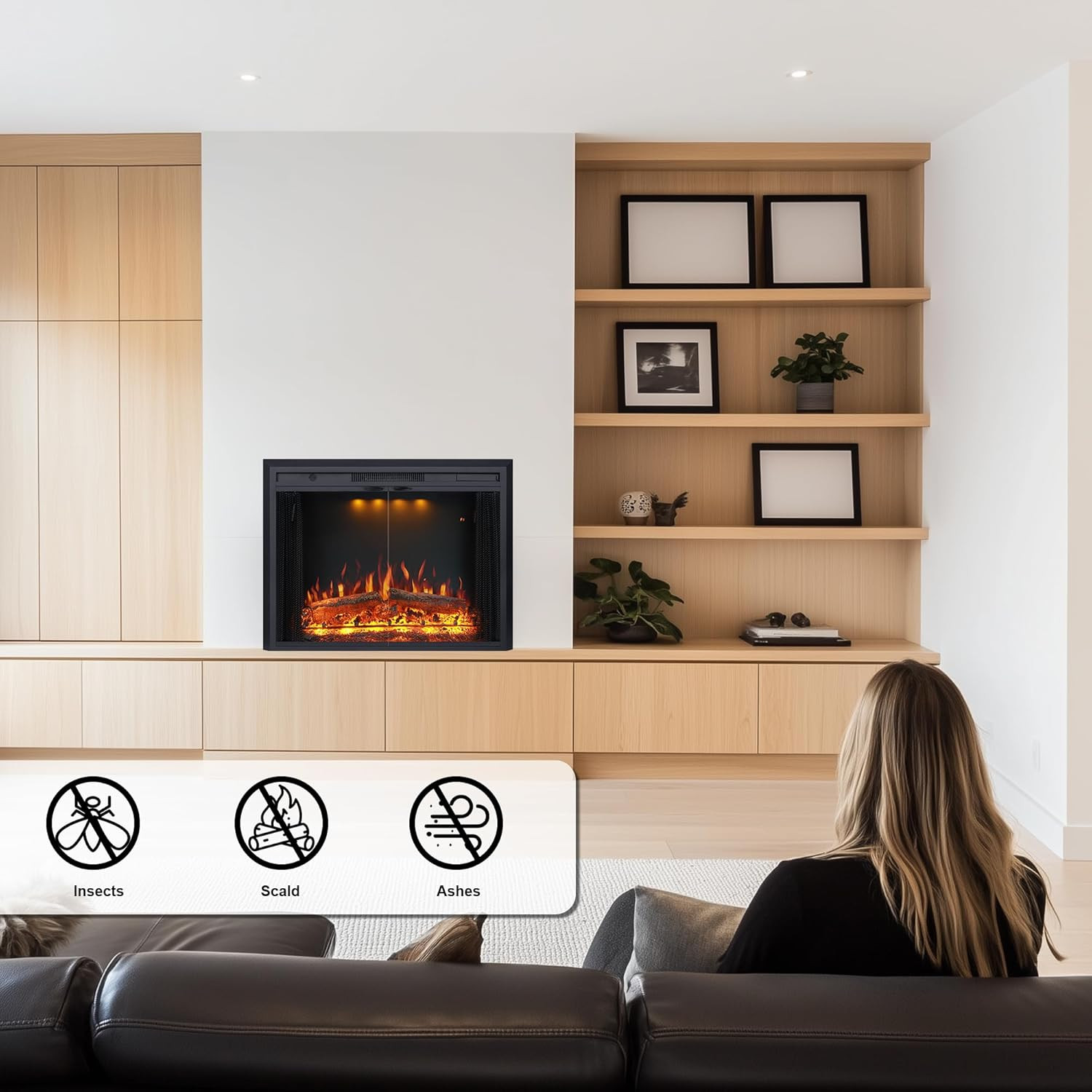 33” W Electric Fireplace Insert with Low/High Temperature Settings, Movable Mesh