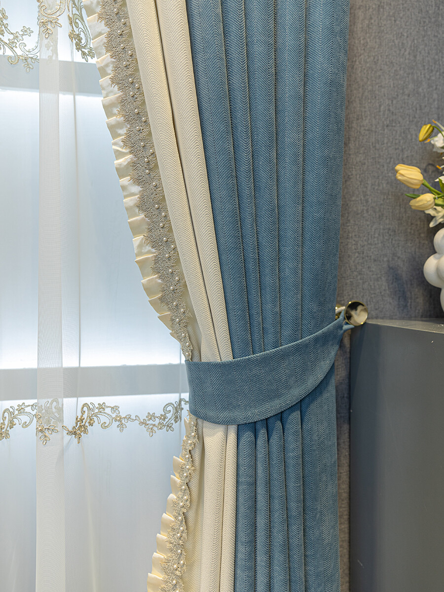 Custom modern simple advanced blue chenille cloth curtain valance drape C1522