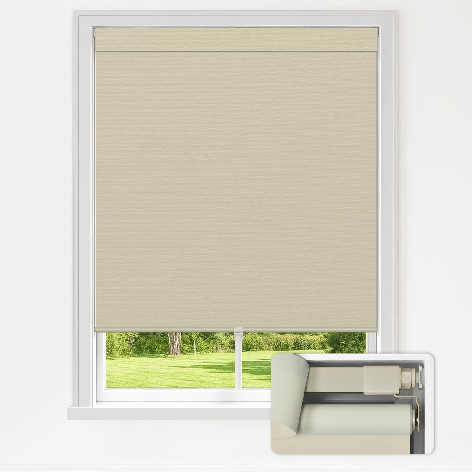 LazBlinds No Drill Blackout Roller Shades, Cordless Thermal, UV Protect, Beige