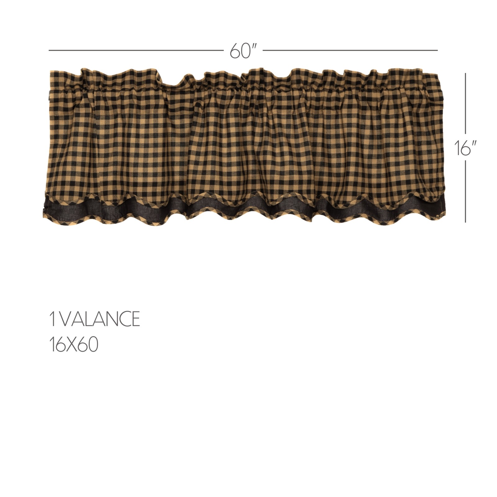 VHC Brands Primitive Black Tan Check Scalloped Layered Valance 16×60″