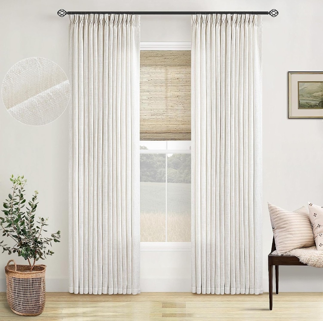 Pinch Pleated Linen Curtains 96 Inches Long for Living Room Memory Trained Shape