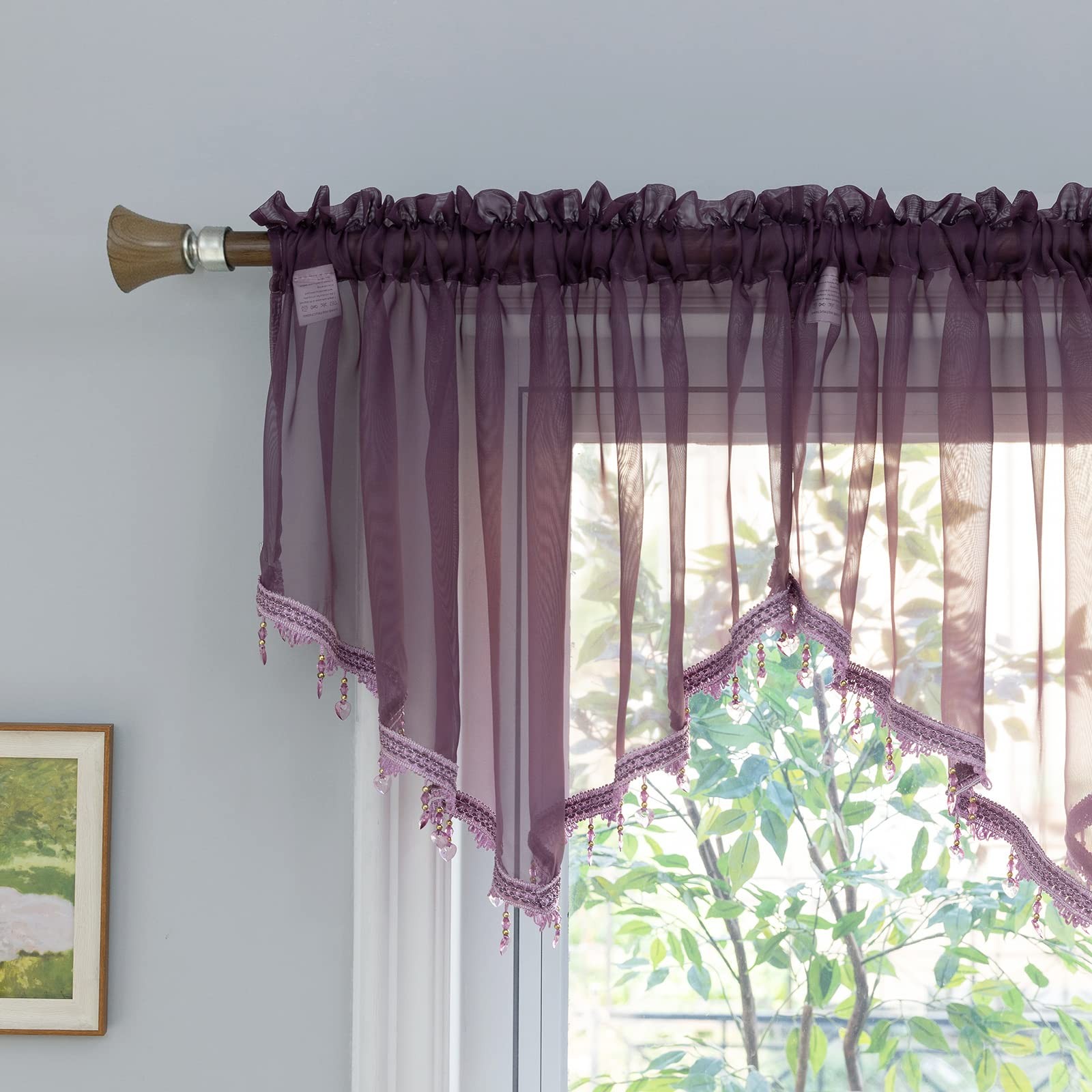 Beaded Sheer Valance Curtains for Living Room,Rod Pocket Farmhouse Window Val…