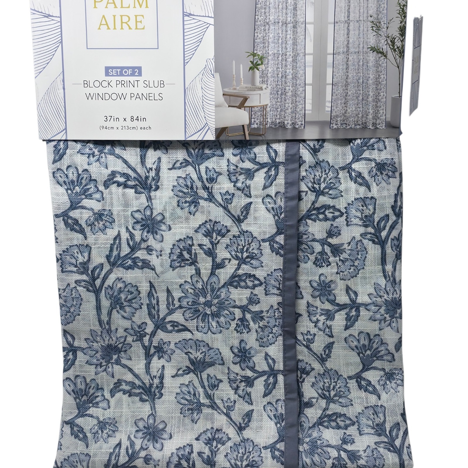 Palm Aire Floral Vine Curtains Set 2 37×84 Blue Linen Blend Slub Panels