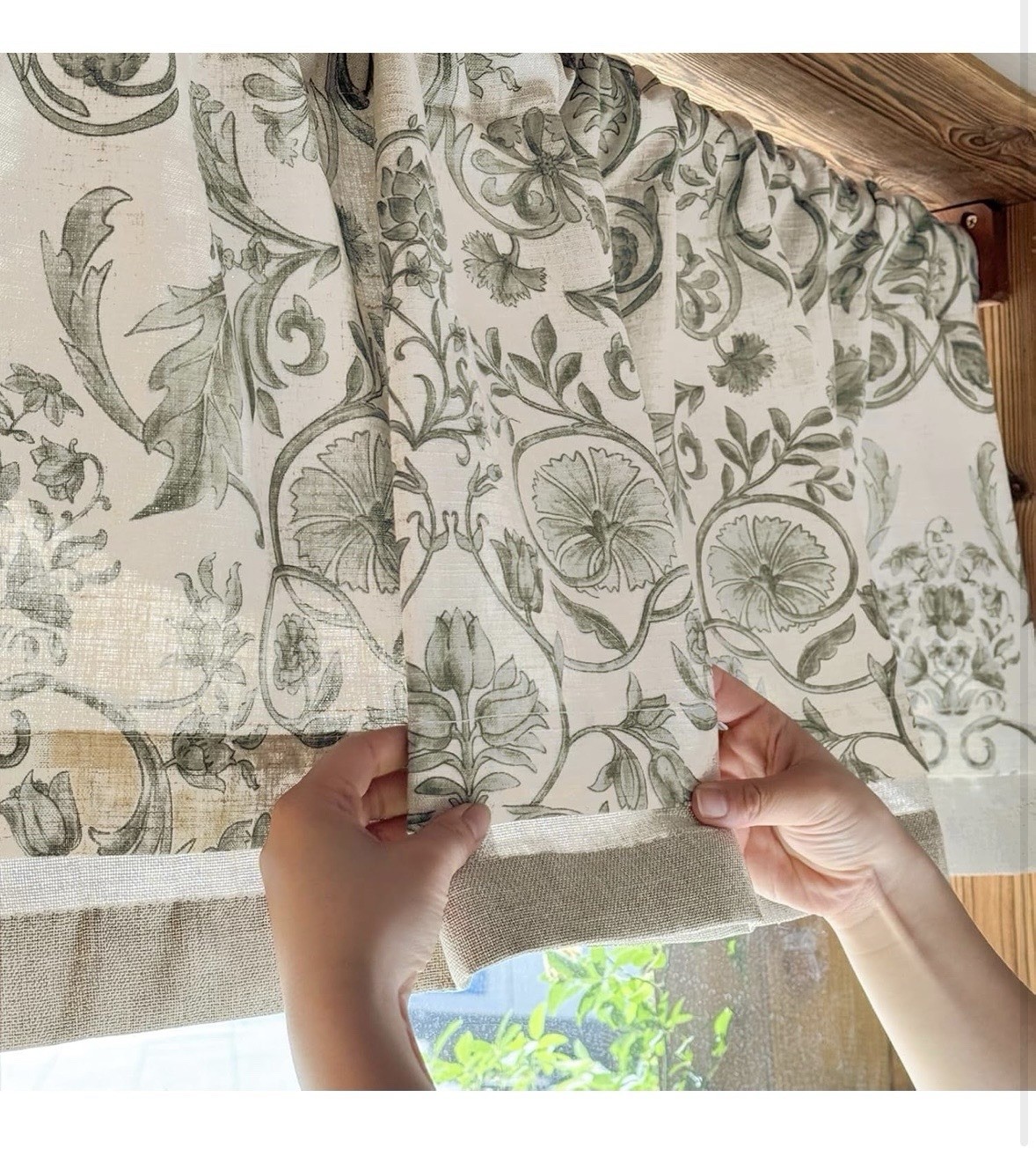 2 Jinchan Linen Valances Double Layer 16 in. Rod Pocket 2 Panels Green on Beige