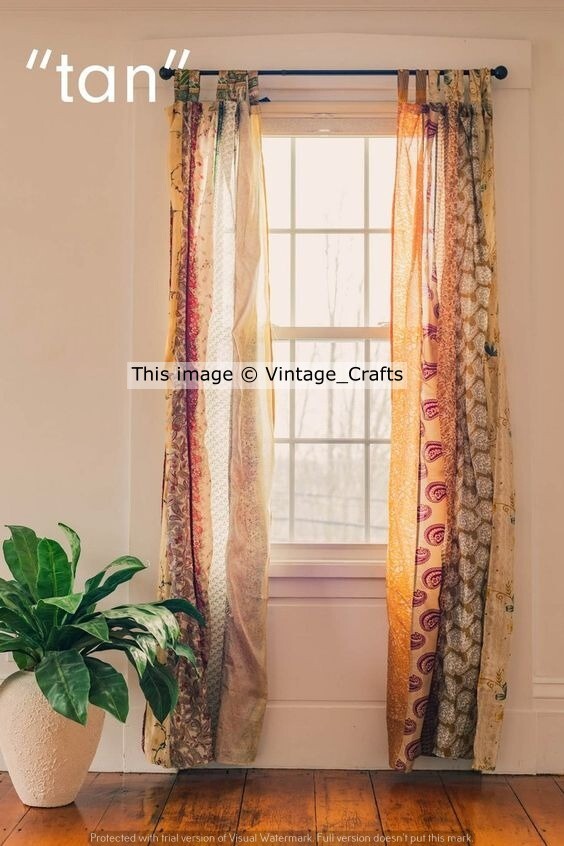 Indian Vintage Sari Patchwork Curtain Drape Window Boho Decor Silk Beige Curtain