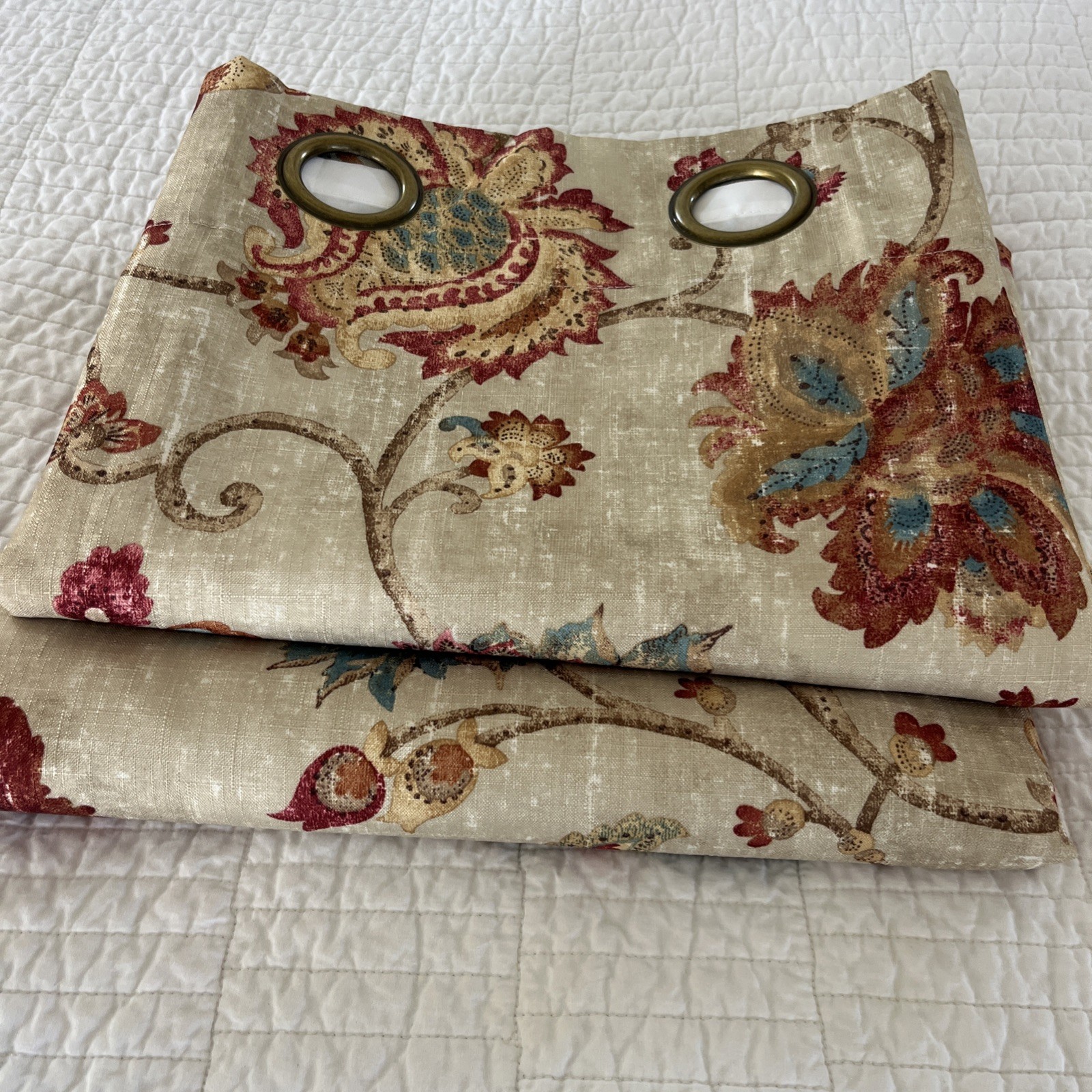 2-Pier 1 Jacobean Floral Curtain Panels 50 X 84” Lined Grommets Tan Polyester