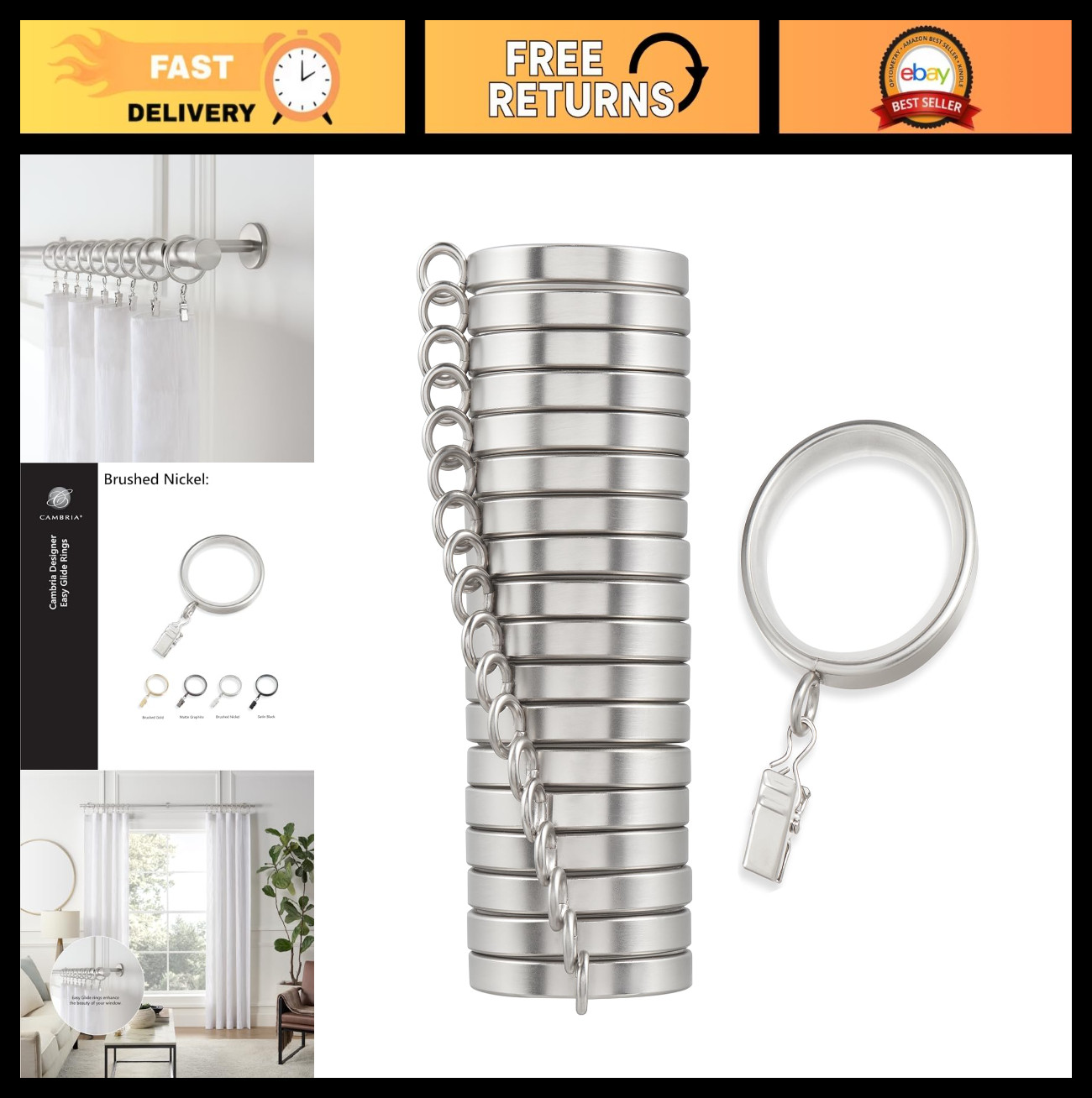 Premium 18 Count Curtain Rings – Metal with Smooth Nylon Inserts & Clips – 2″ Di