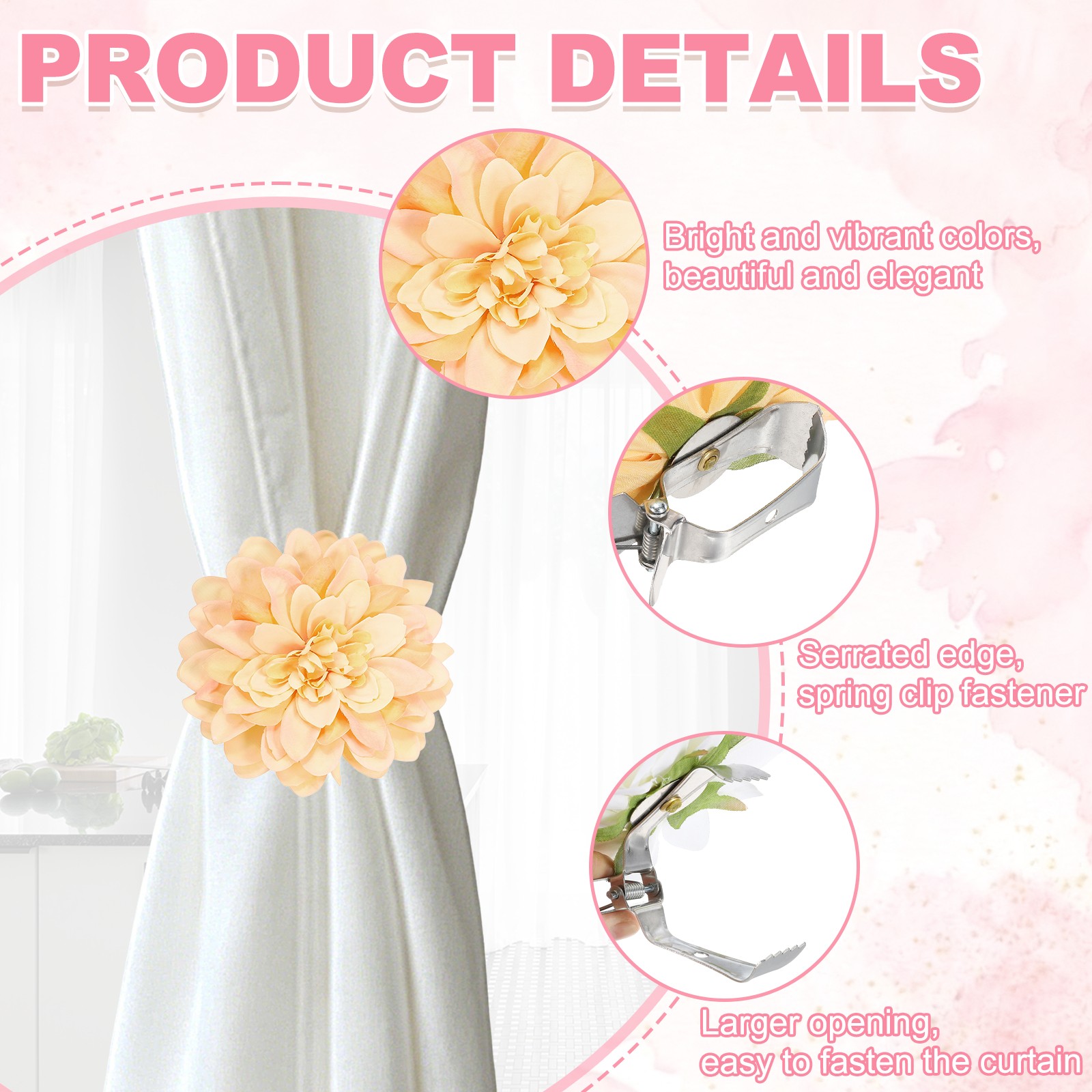 2PCS Flower Curtain Clips, Curtain Tiebacks Decorative Holdback, Orange Yellow