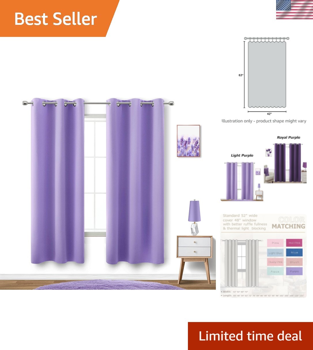 Lavender Curtains for Bedroom Girls 2 Panels Set Blackout Light Blocking Ther…