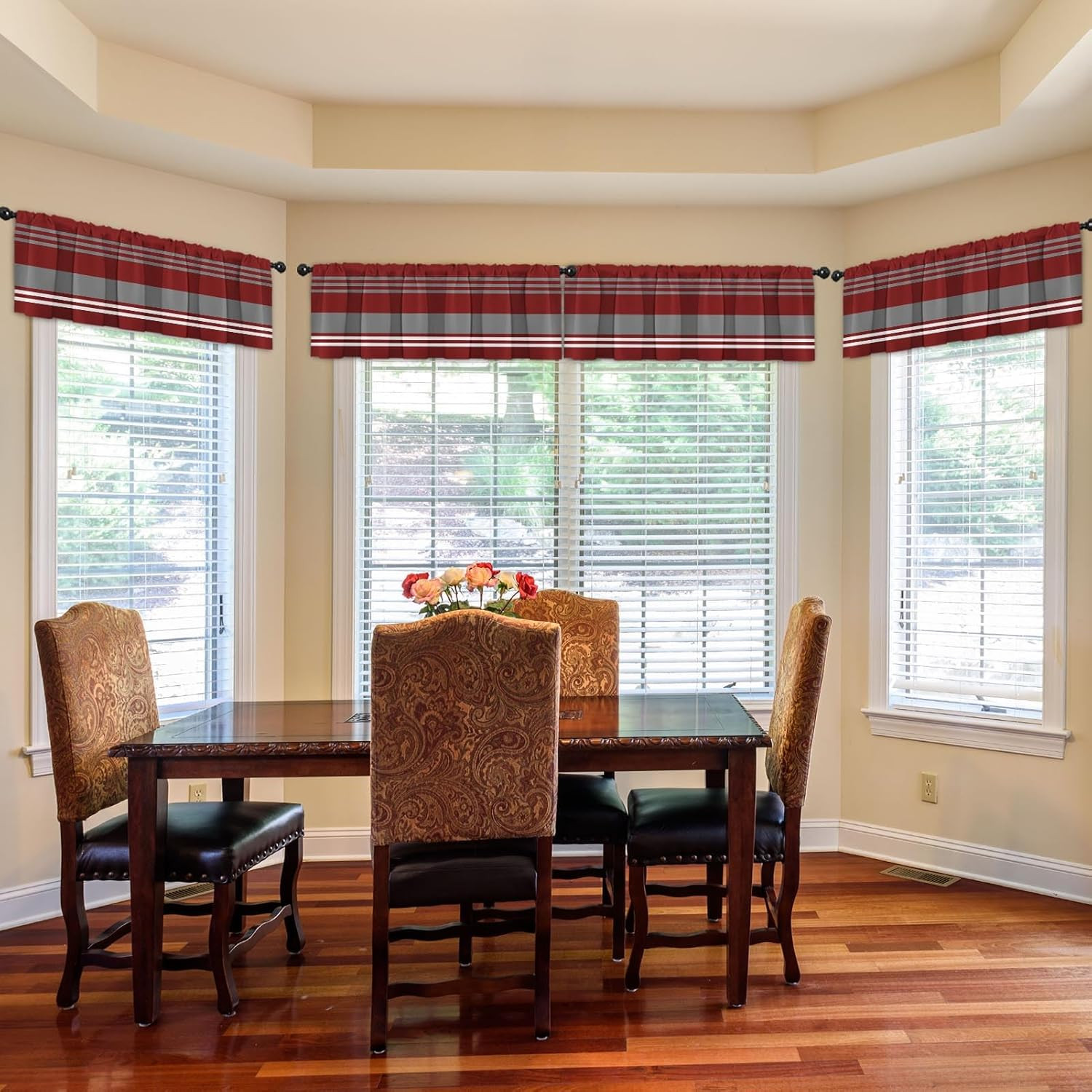 4 Pack Valances Window Treatments, Striped Burgundy Grey Geometric Minimalist Dr