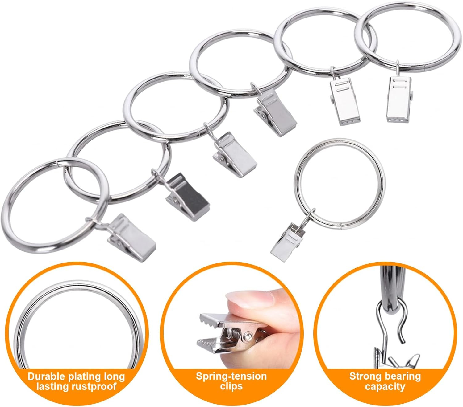 44 Pack Curtain Rings with Clips Hooks 1.5 in Diameter Rustproof | Metal Stainle