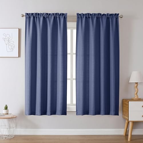 Bennet Blue Curtains 45 Inch Length 2 Panels, Faux Linen Textured Semi Sheer