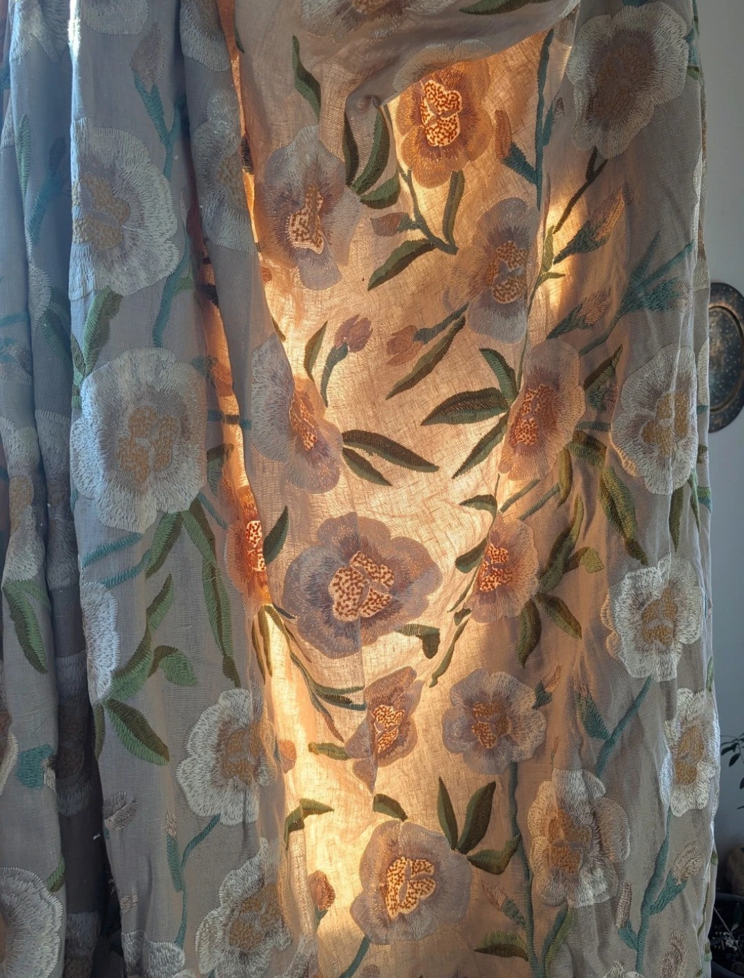Luxury Embroidered Linen Pleated Curtain Panel 99x108in Floral Cotton Lined. Luv