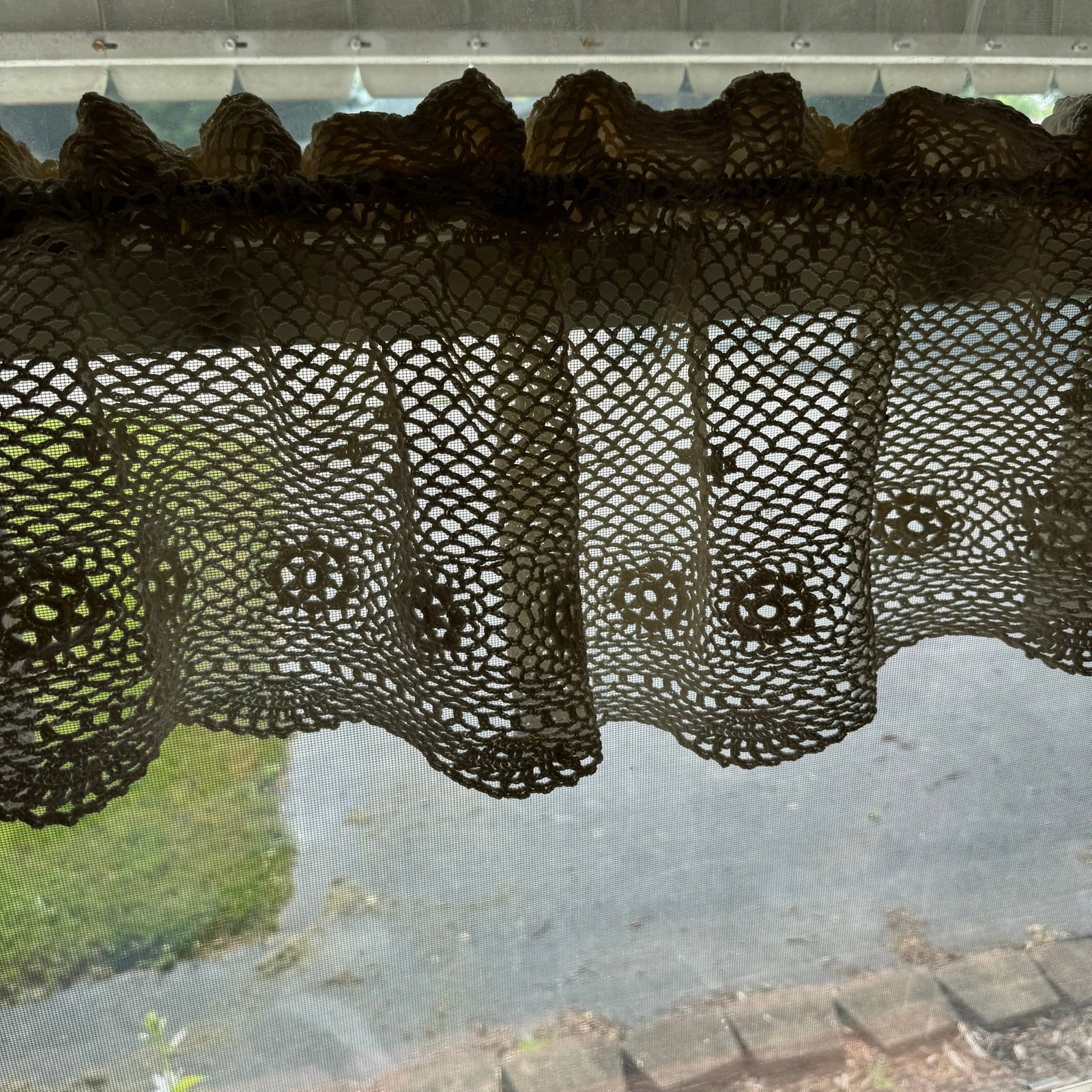 Pair Crochet Cotton Valances 10×56 Scallops Medallions Cottage Country Farmhouse