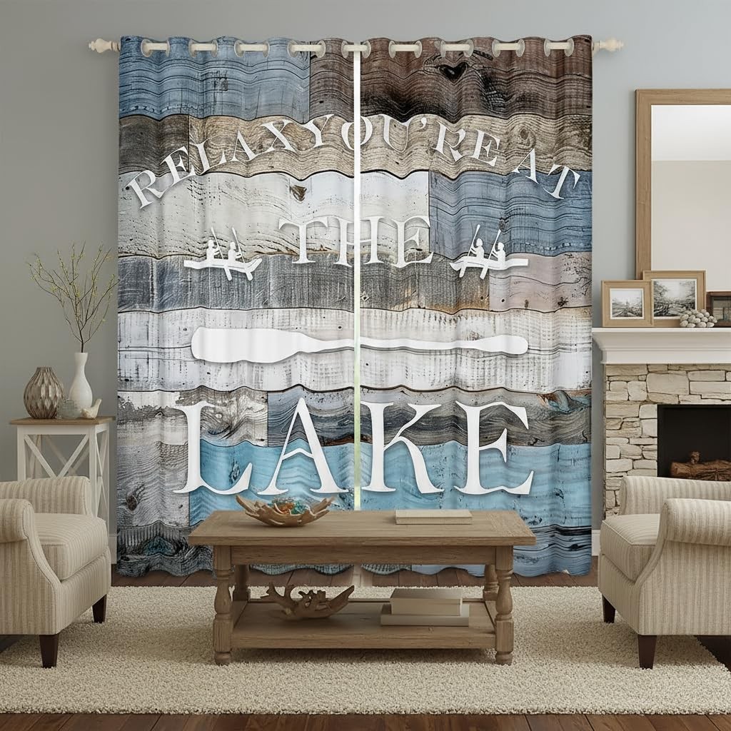 Lake House Window Curtain Rustic Farmhouse Curtains Blue Grey Wooden Blackout…