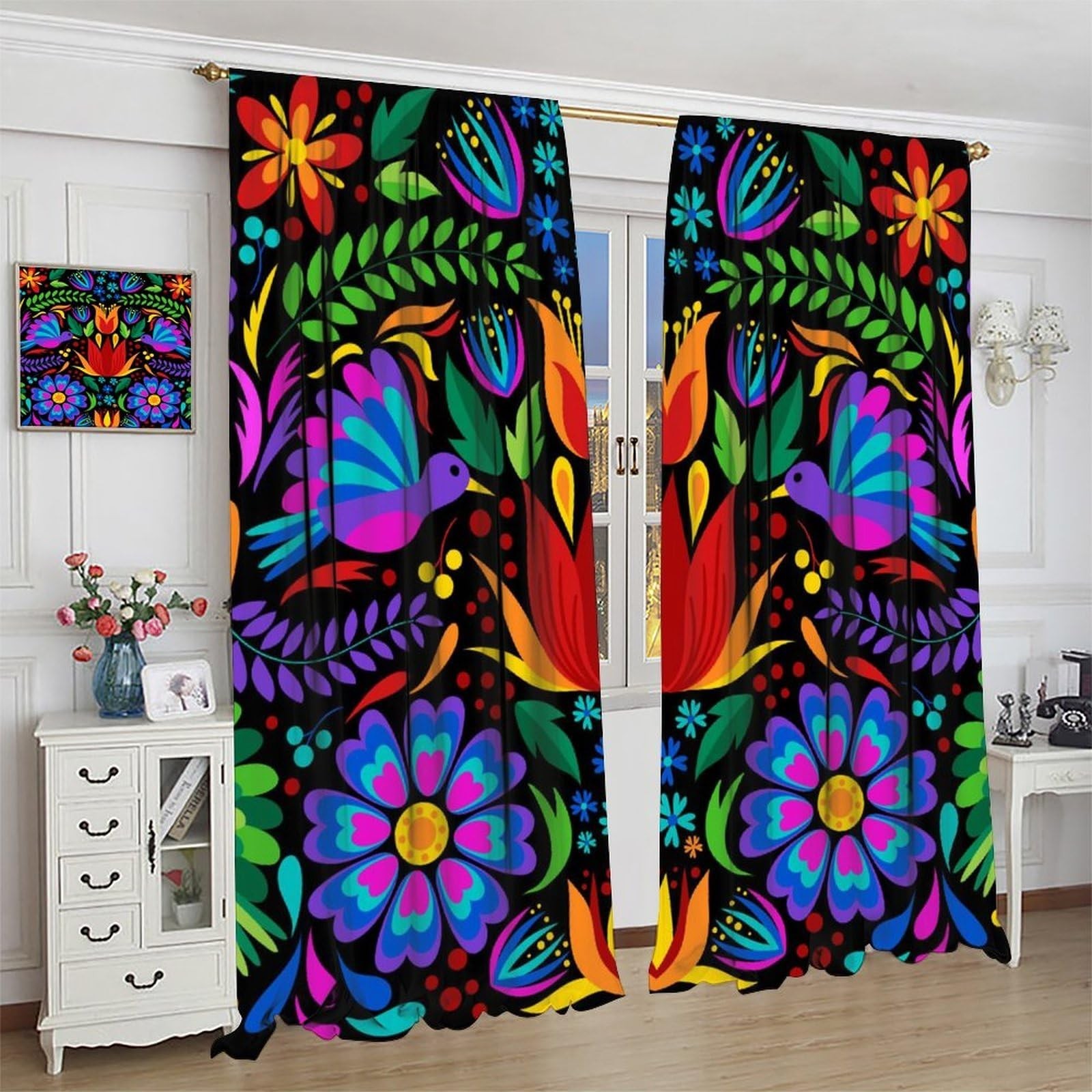 SYZWWSYX Mexican Flower Curtains, Vintage Colorful Mexican Floral Bird Art Pr…