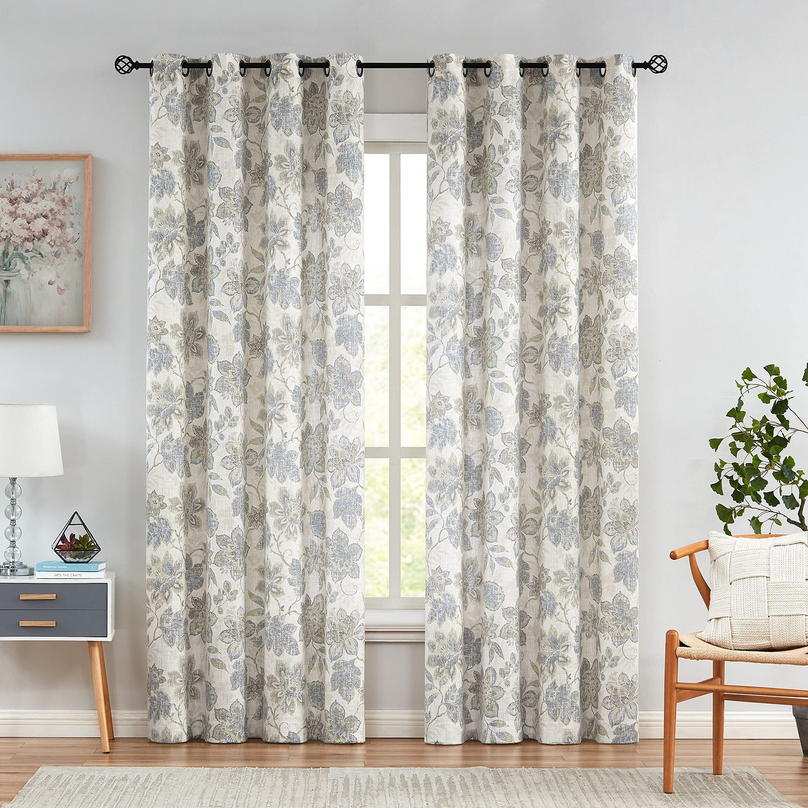 Floral Botanical Light Filtering Curtain Panel with Green and Blue Leaf for R…