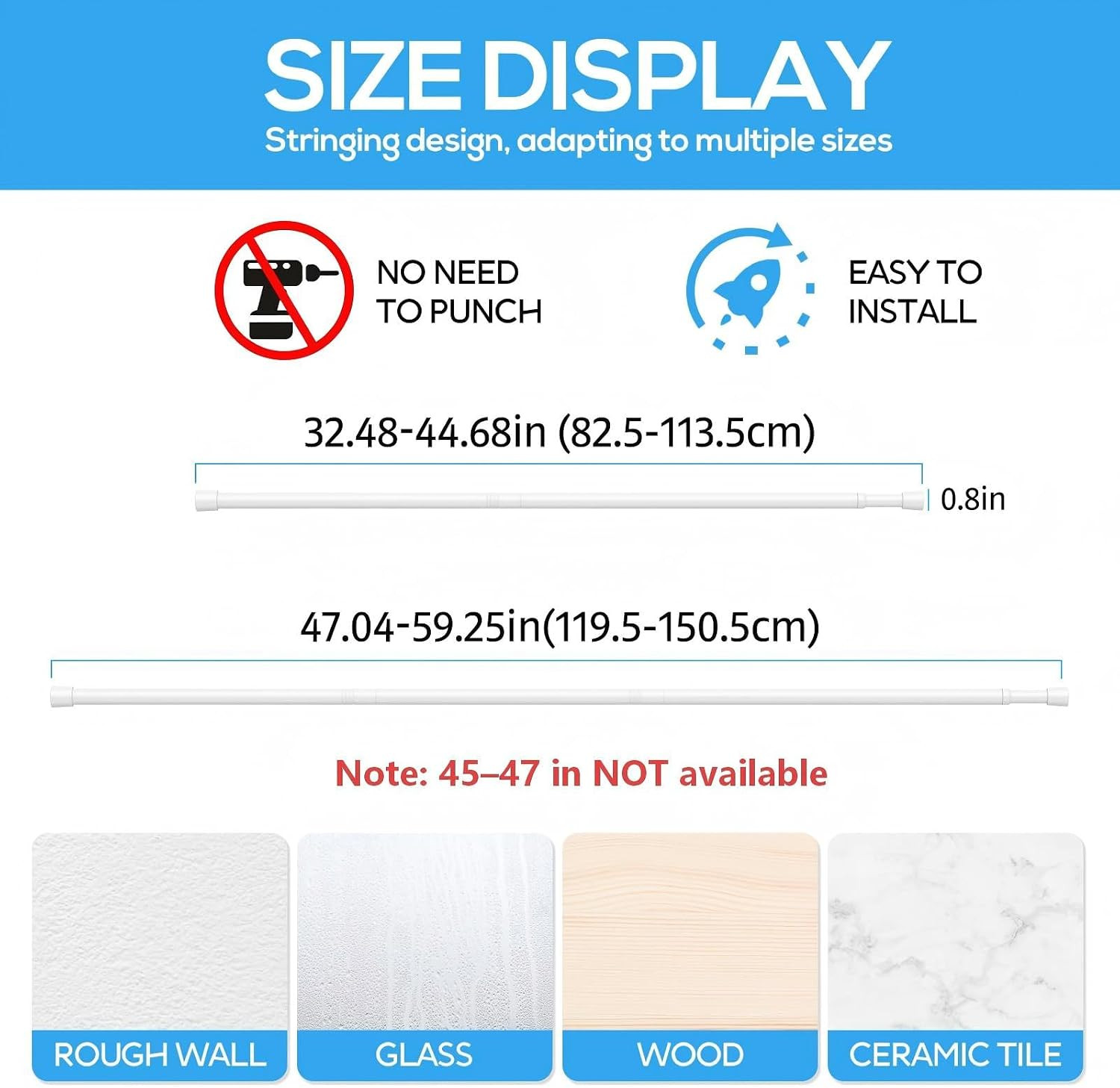1 Pack Spring Tension Rod, Adjustable 33-59 Inch No Drill, White | 5/8 Inch Diam