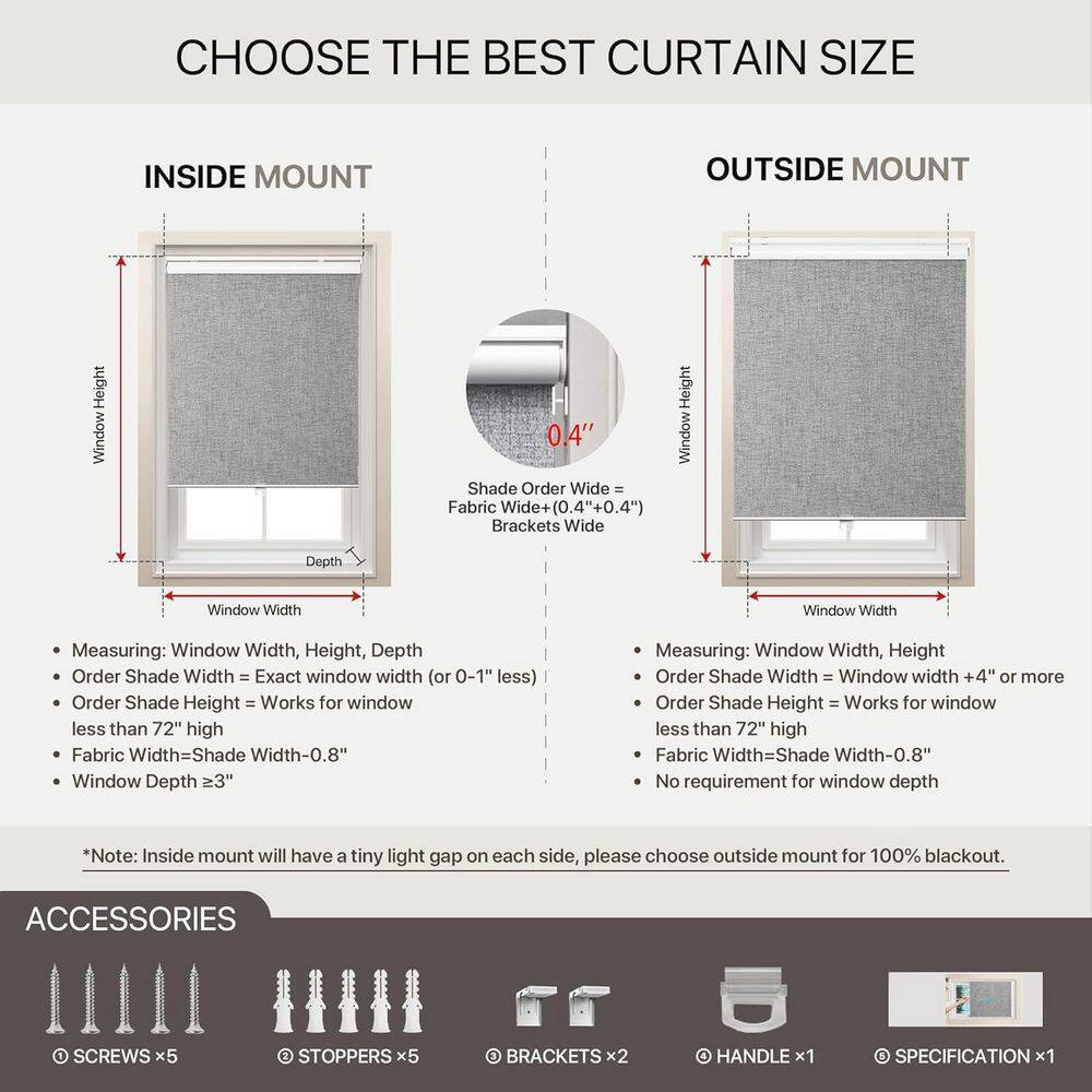Grey Cordless Uv-Protection Polyester Blackout Roller Blinds for Windows, 21 In.